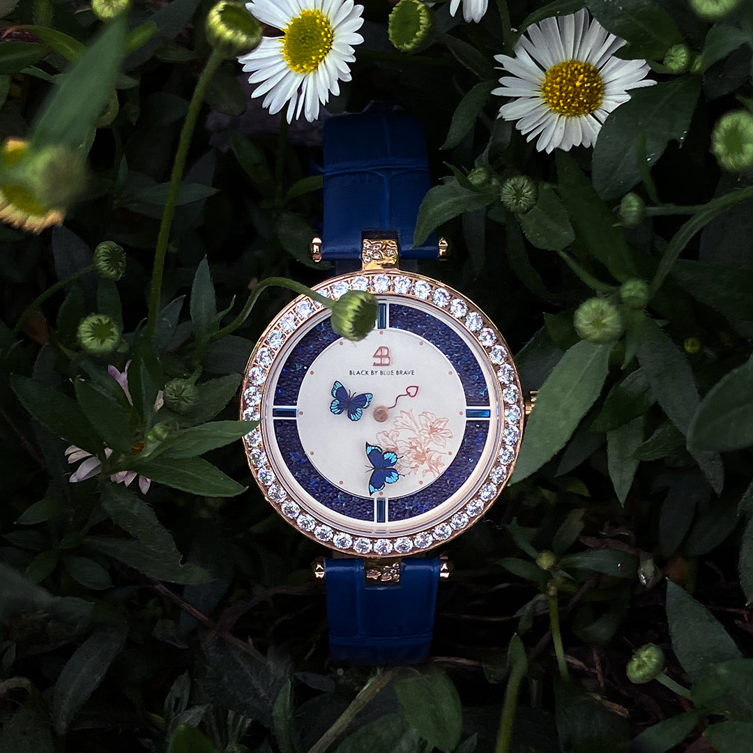 Butterfly Lovers 34mm Blue Dial Moving Butterfly Hands Leather Strap Watch