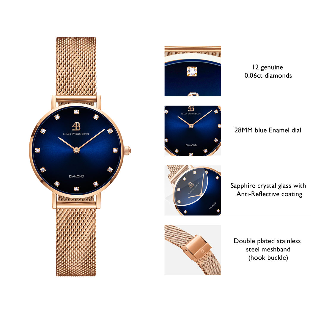 Diamond in the Hand 28mm Blue Enamel Dial Genuine Diamond Markers Rosegold Meshband Watch