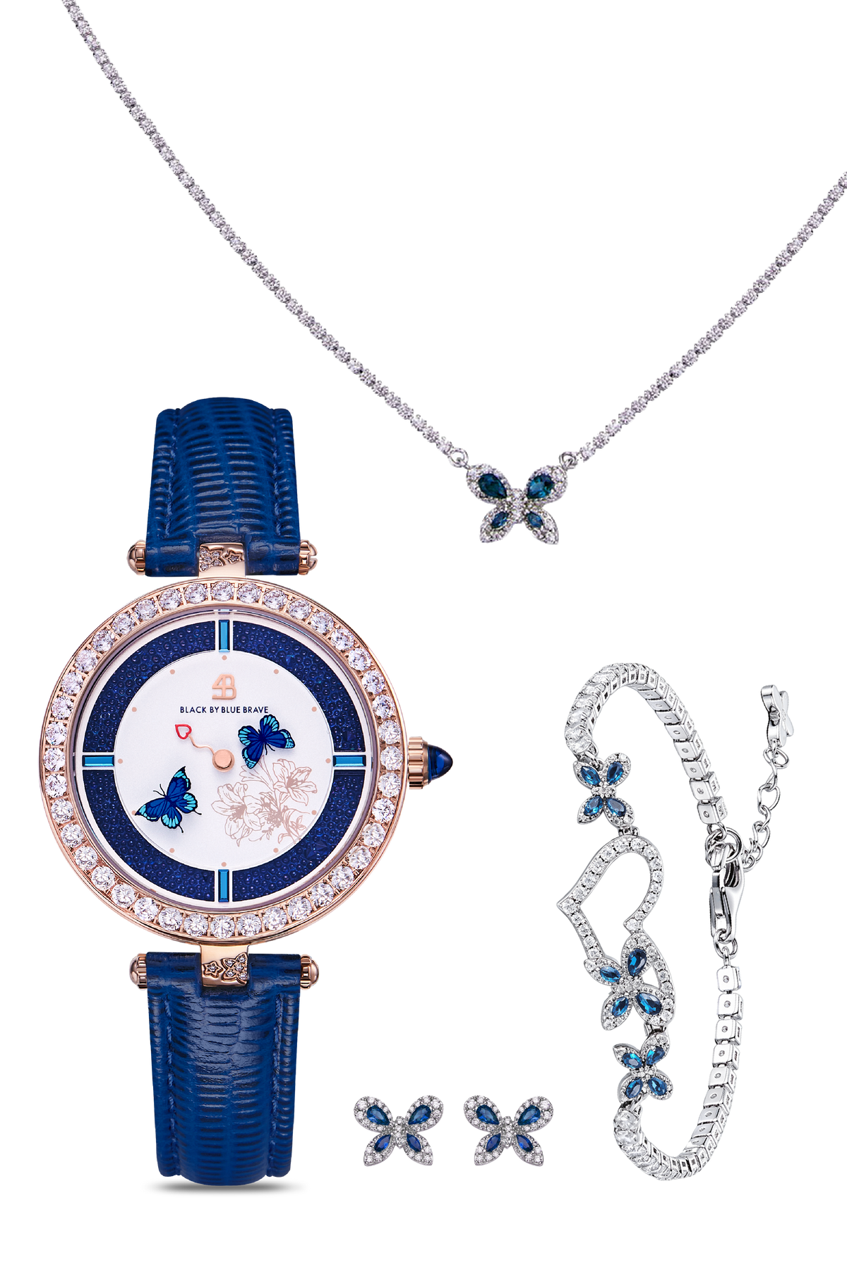 Butterfly Lovers & Necklace & Stud Earrngs & Bracelet Silver