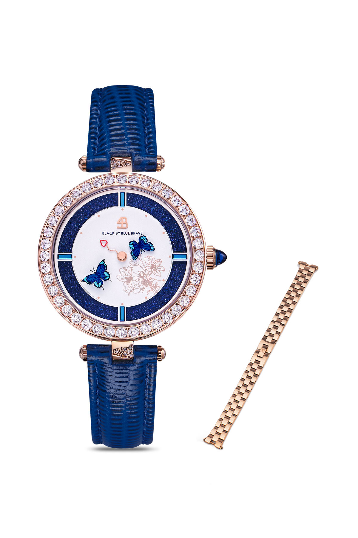 Butterfly Lovers 34mm Armbanduhr mit blauem Zifferblatt und Lederarmband & Rosenrotes 3-Glieder-Armband