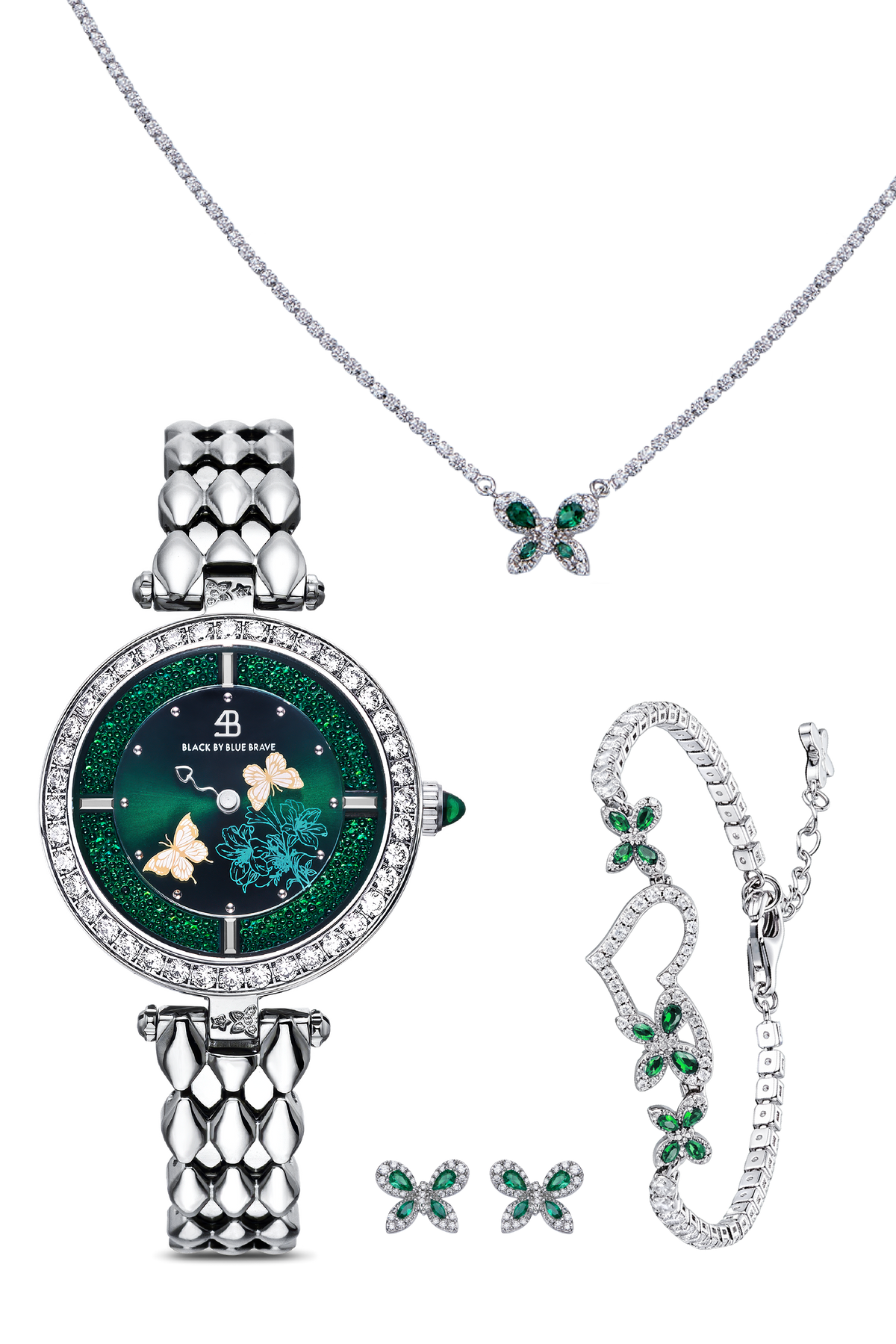 Kirschblüten-Diamant-Uhr + Blumen-Keramik-Ohrringe & Ring & Halskette & Armband-Set