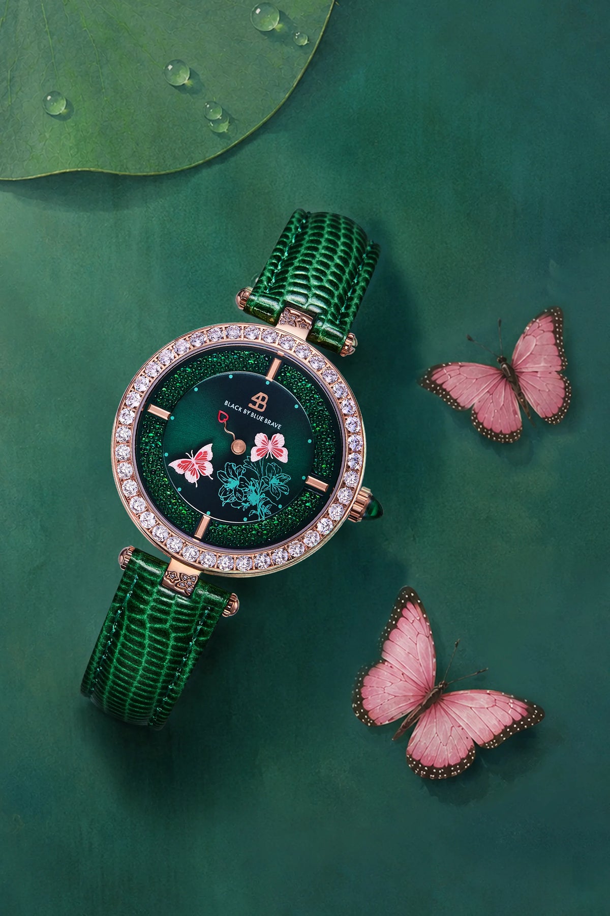 Butterfly Lovers Classic Green Leather Rose Gold - BLACK BY BLUE BRAVE