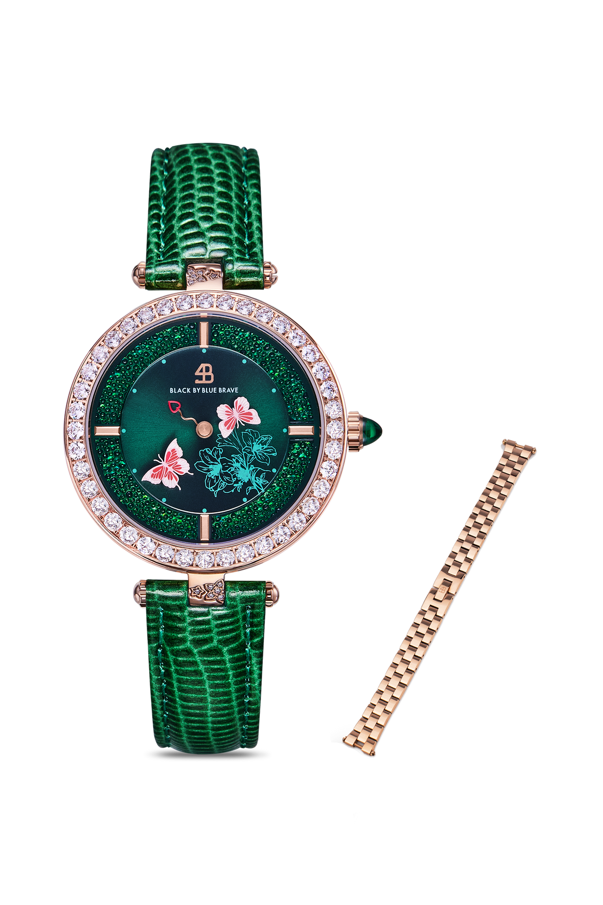 Butterfly Lovers 34 mm grüne Zifferblatt Lederarmbanduhr & roségoldenes 3-Glieder-Armband