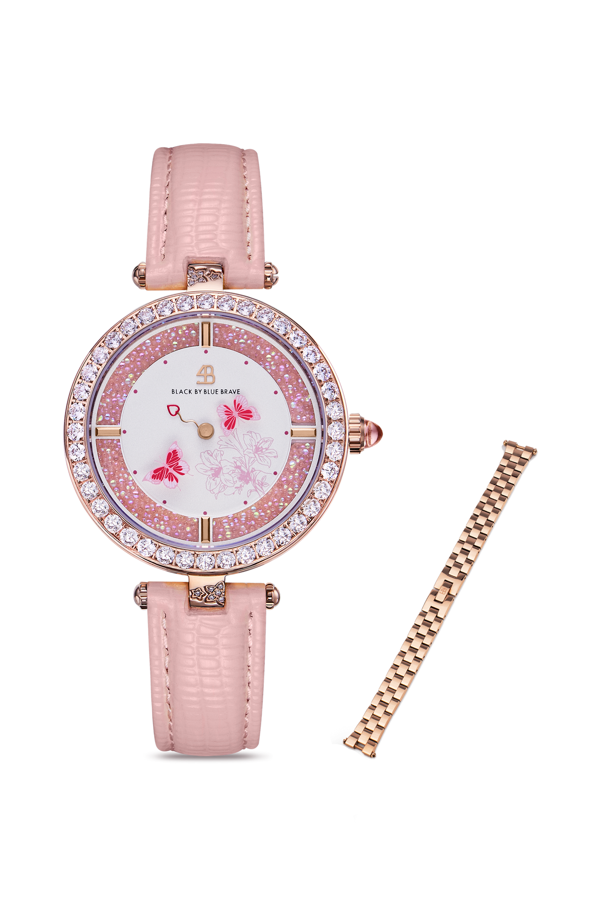 Butterfly Lovers Uhr mit 34 mm rosafarbenem Zifferblatt und Lederarmband & roségoldenes 3-gliedriges Armband