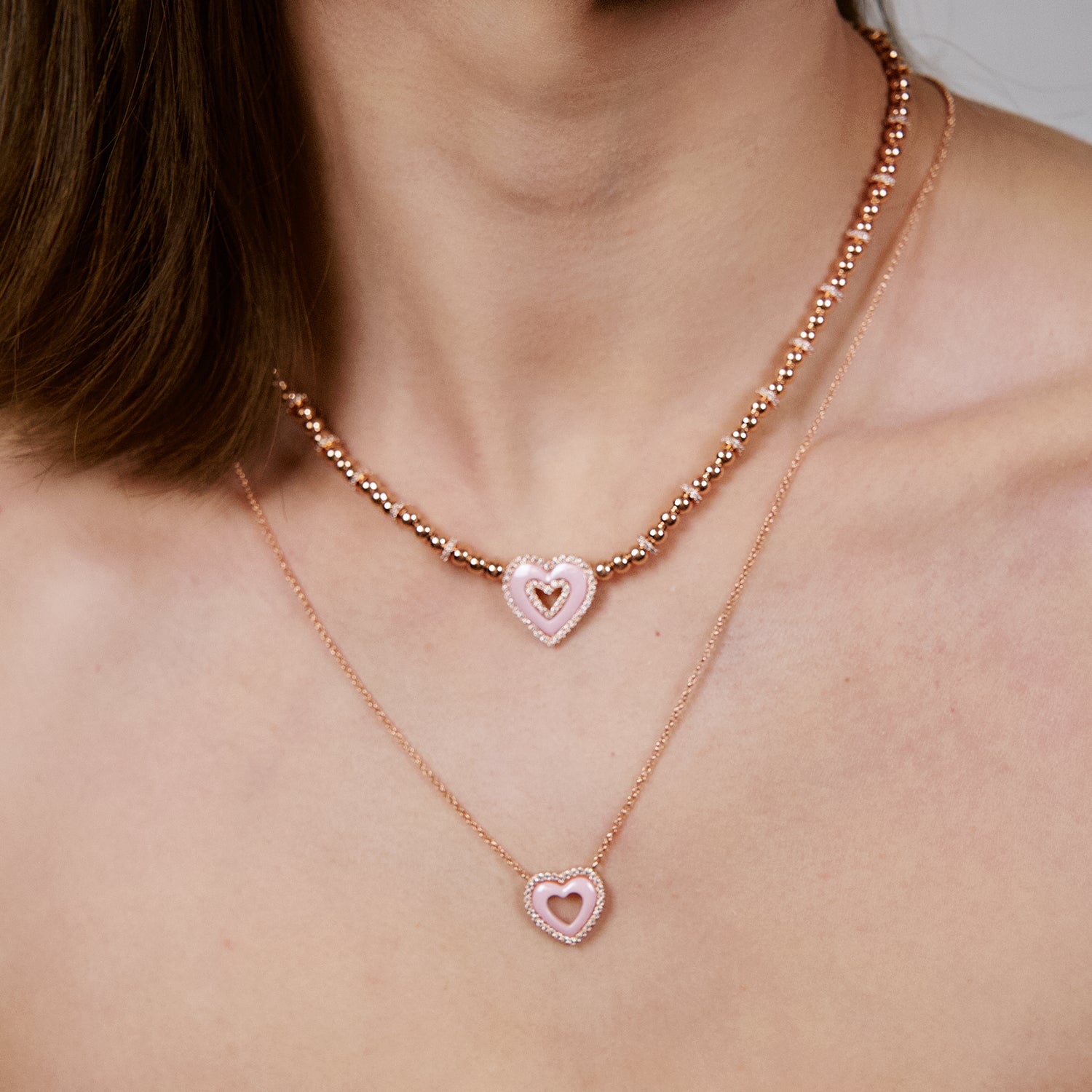 Love Heart Pink Ceramic Double Heart Necklace 18K Rose Gold Plated