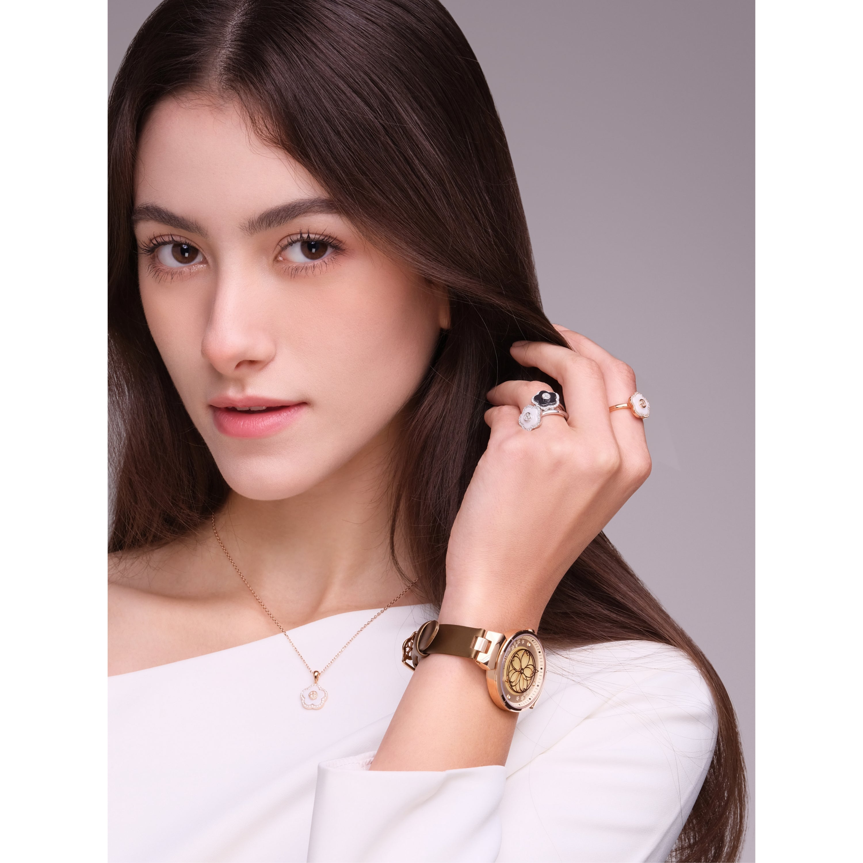 CHAMPAGNE CHERRY BLOSSOM WATCH WITH ROSEGOLD FLOWER NECKLACE & WHITE CERAMIC