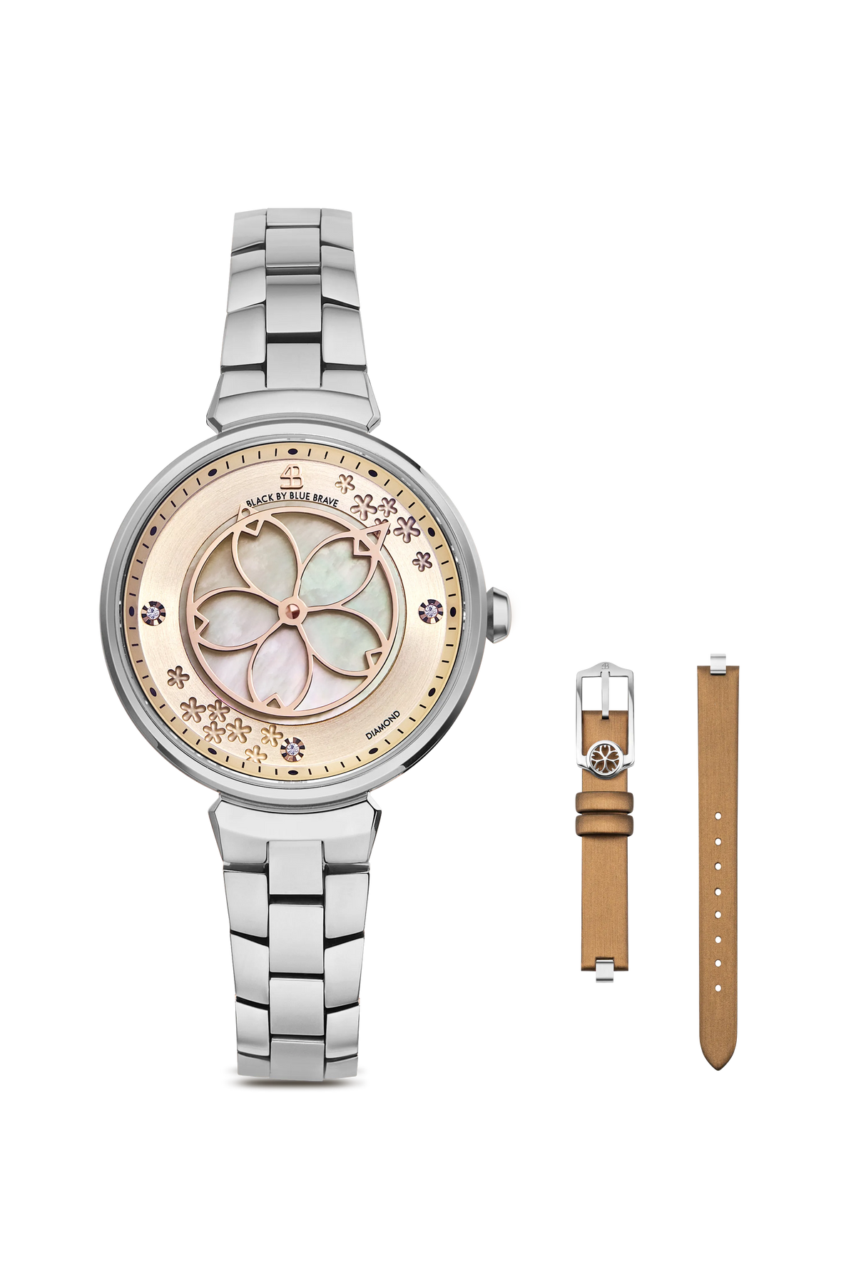 Champagne Dial Silver Bracelet Watch With Brown Leather Strap Set