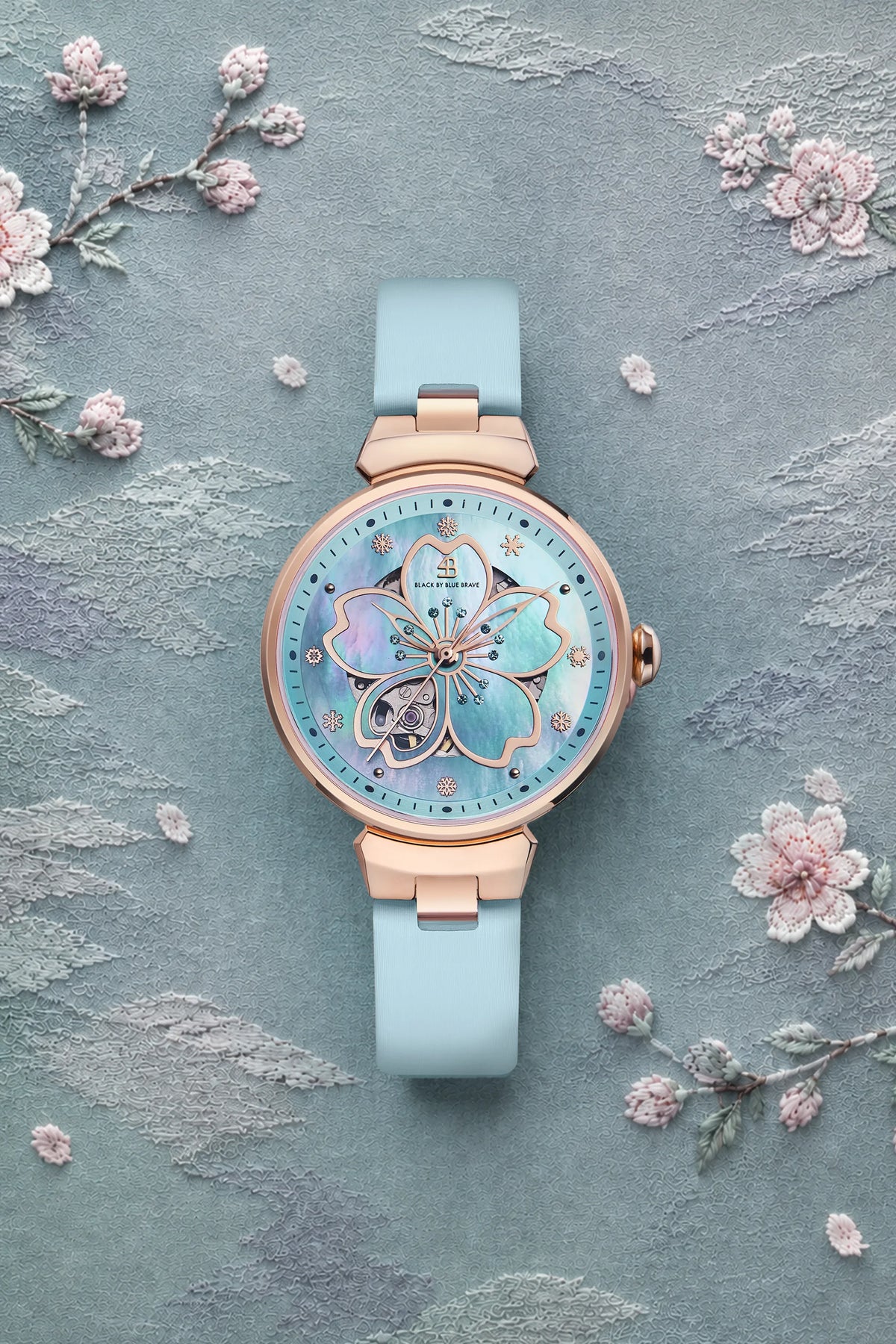 Cherry Blossom Automatic Blue Dial Rose Gold Watch - BLACK BY BLUE BRAVE