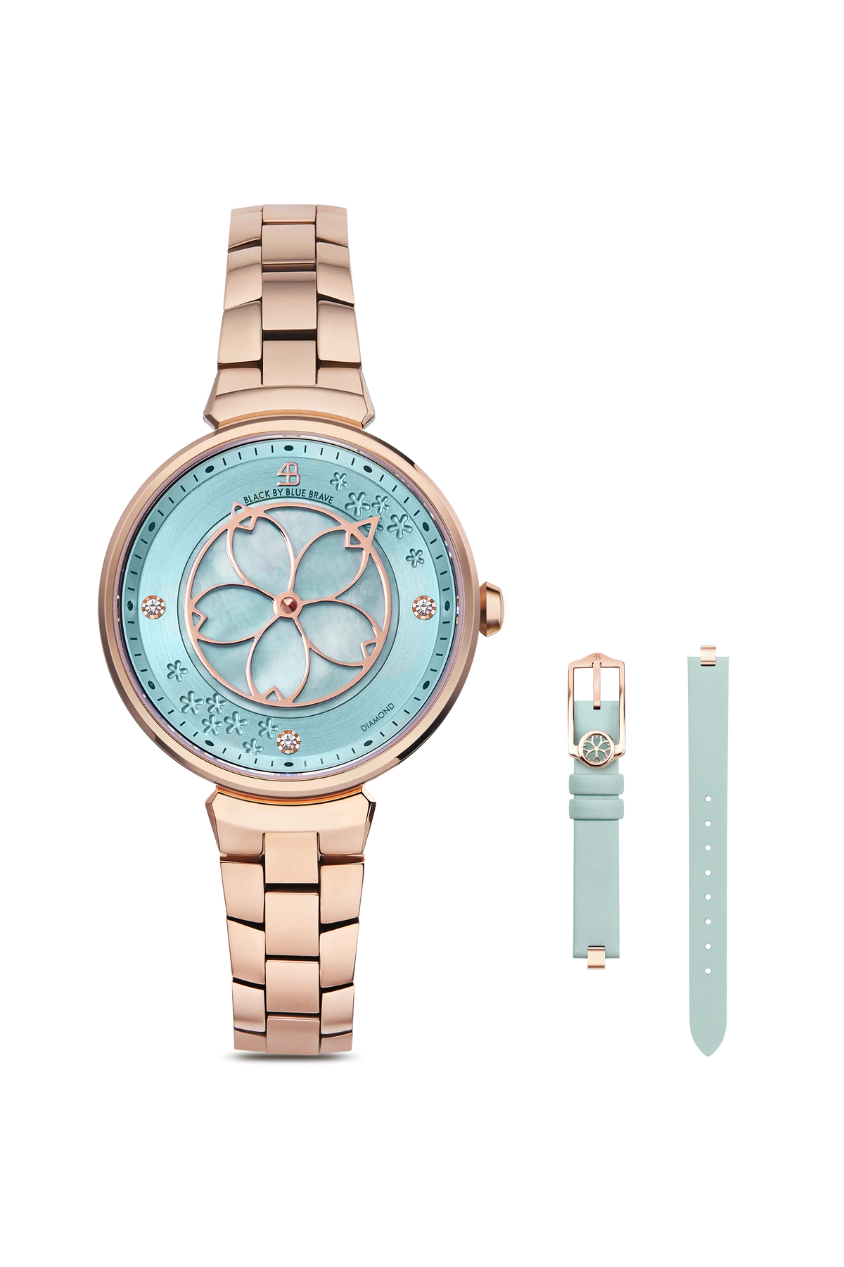 Cherry Blossom blue dial watch with rose gold bracelet and blue leather strap with rose gold buckle