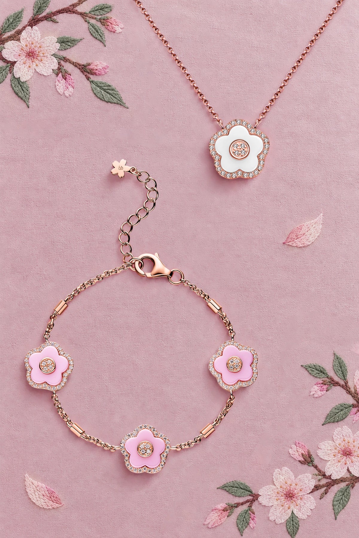 Kirschblüte Keramik Drei rosa Keramikblumen Roségold Armband 18K Roségold-Plattiert