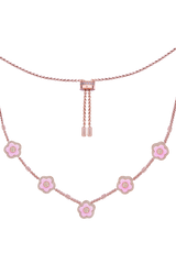 Kirschblüte Keramik Fünf rosa Keramikblumen Roségold verstellbare Halskette 18K Roségold vergoldet