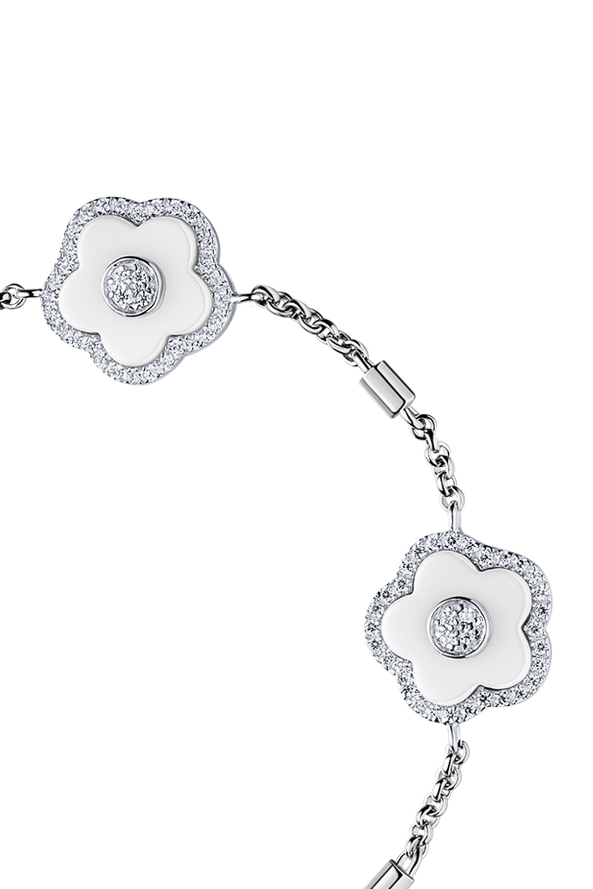 Kirschblüten-Keramik-Armband mit drei weißen Keramikblumen, versilbert, Platinbeschichtung