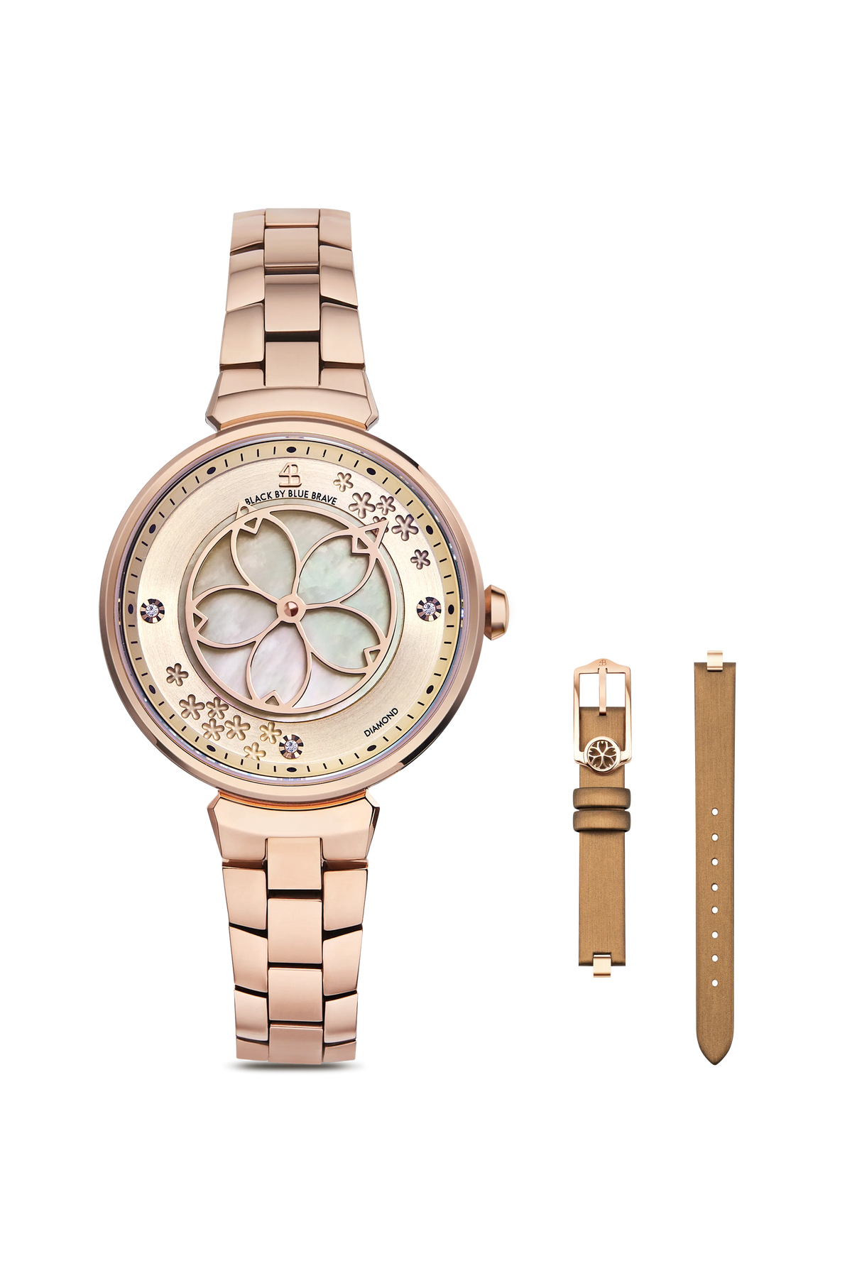 Cherry Blossom champagne dial watch with rose gold bracelet and champagne leather strap with rose gold buckle