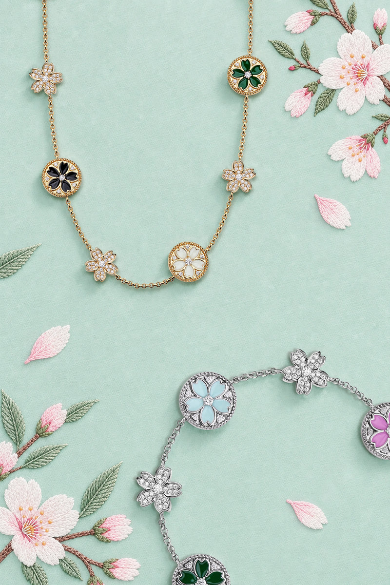 Cherry Blossom necklaces and bracelets arranged with embroidered floral details