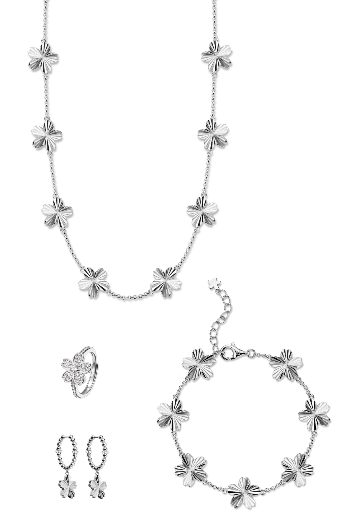 Kirschblüten-Glanz, Schein, Licht, Sakura, Silberschmuck (Halskette & Armband & Ohrringe & Ringe)