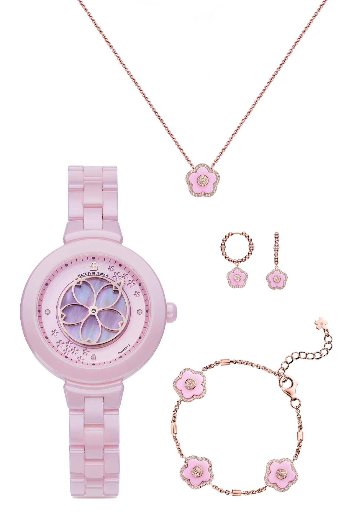 Kirschblüten-Diamant-Uhr + Blumen-Keramik-Ohrringe & Ring & Halskette & Armband-Set