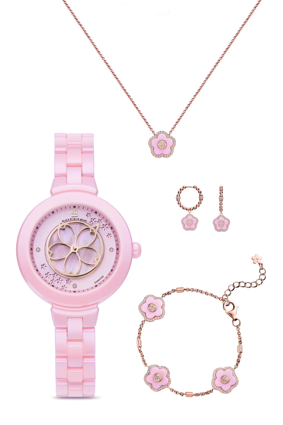 Cherry Blossom Ceramic & Necklace & Earrings & Bracelet Rose Gold