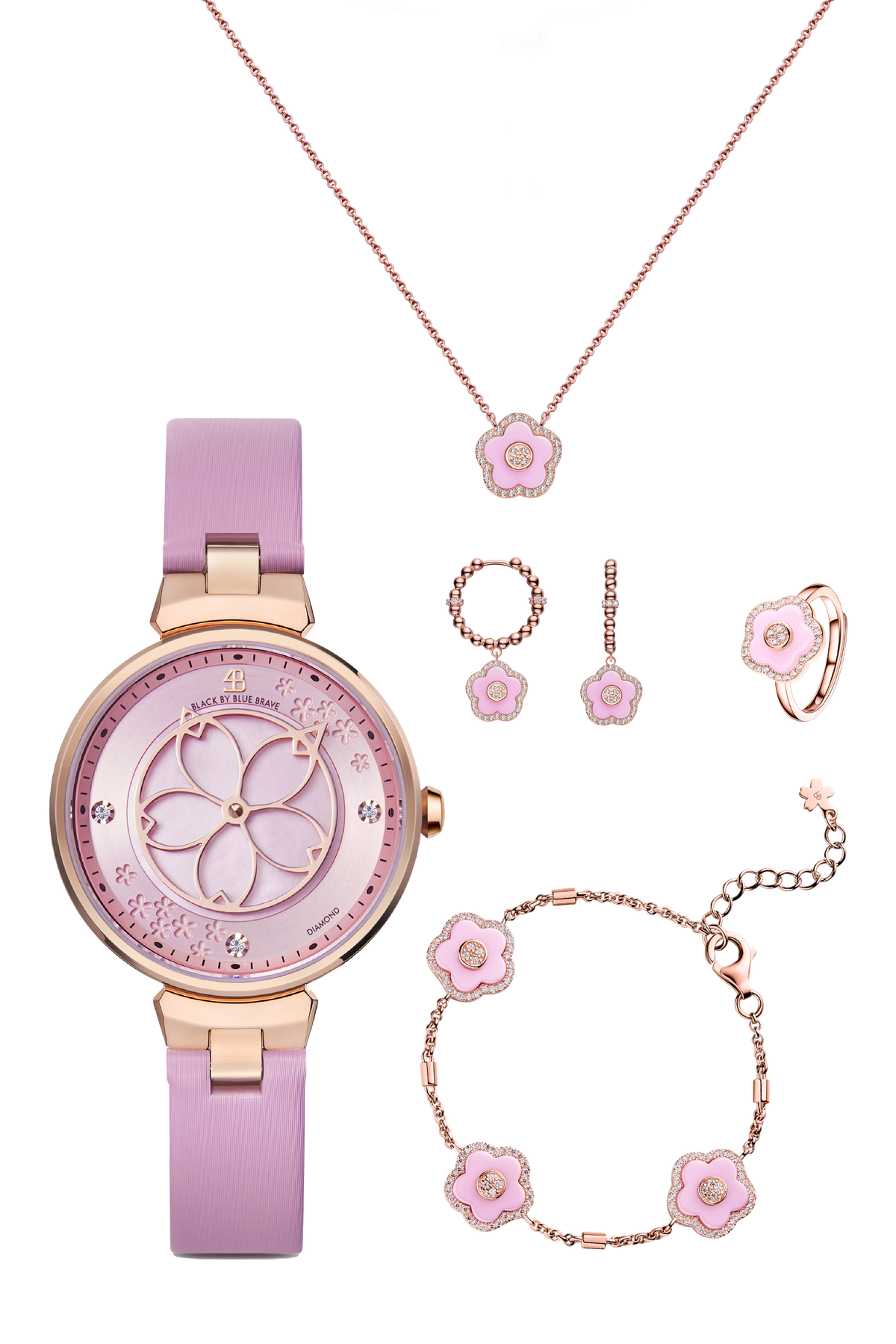 Kirschblüten-Diamant-Uhr + Blumen-Keramik-Ohrringe & Ring & Halskette & Armband-Set