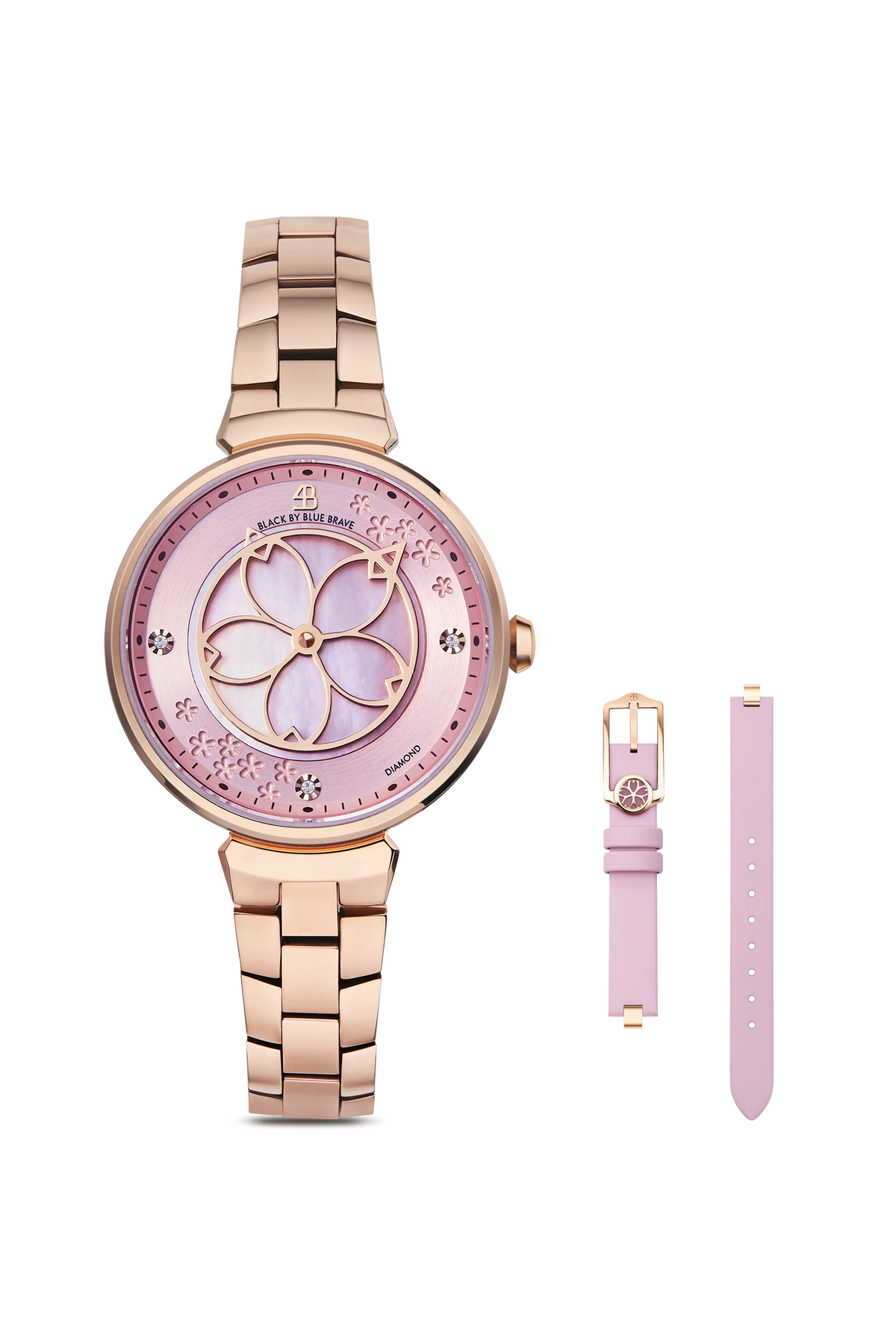 Cherry Blossom pink dial watch with rose gold bracelet and pink leather strap with rose gold buckle