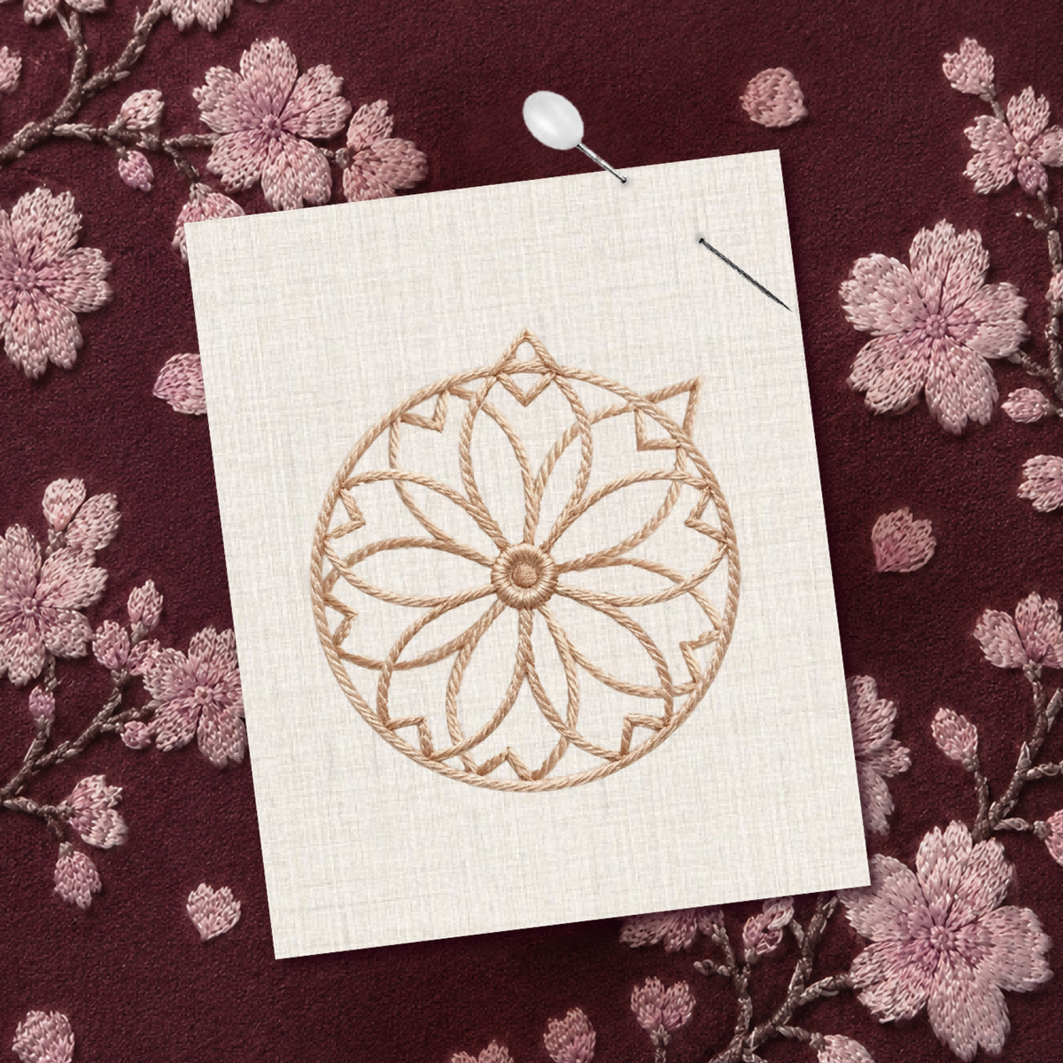 Embroidered Cherry Blossom motif on a Rose  Gold Ruby background illustrating the watch design inspiration