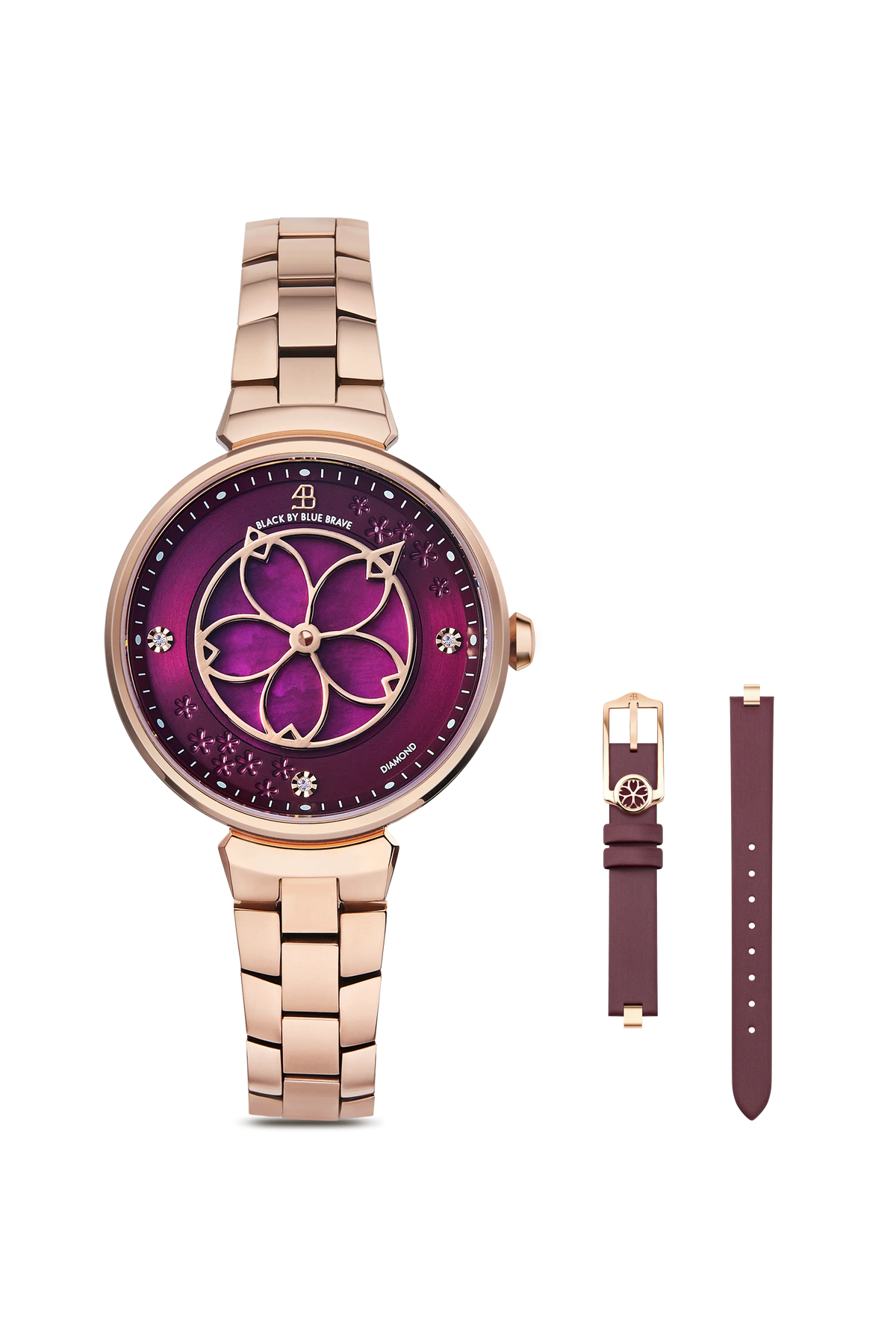 Cherry Blossom ruby red dial watch with rose gold bracelet and brown leather strap with rose gold buckle
