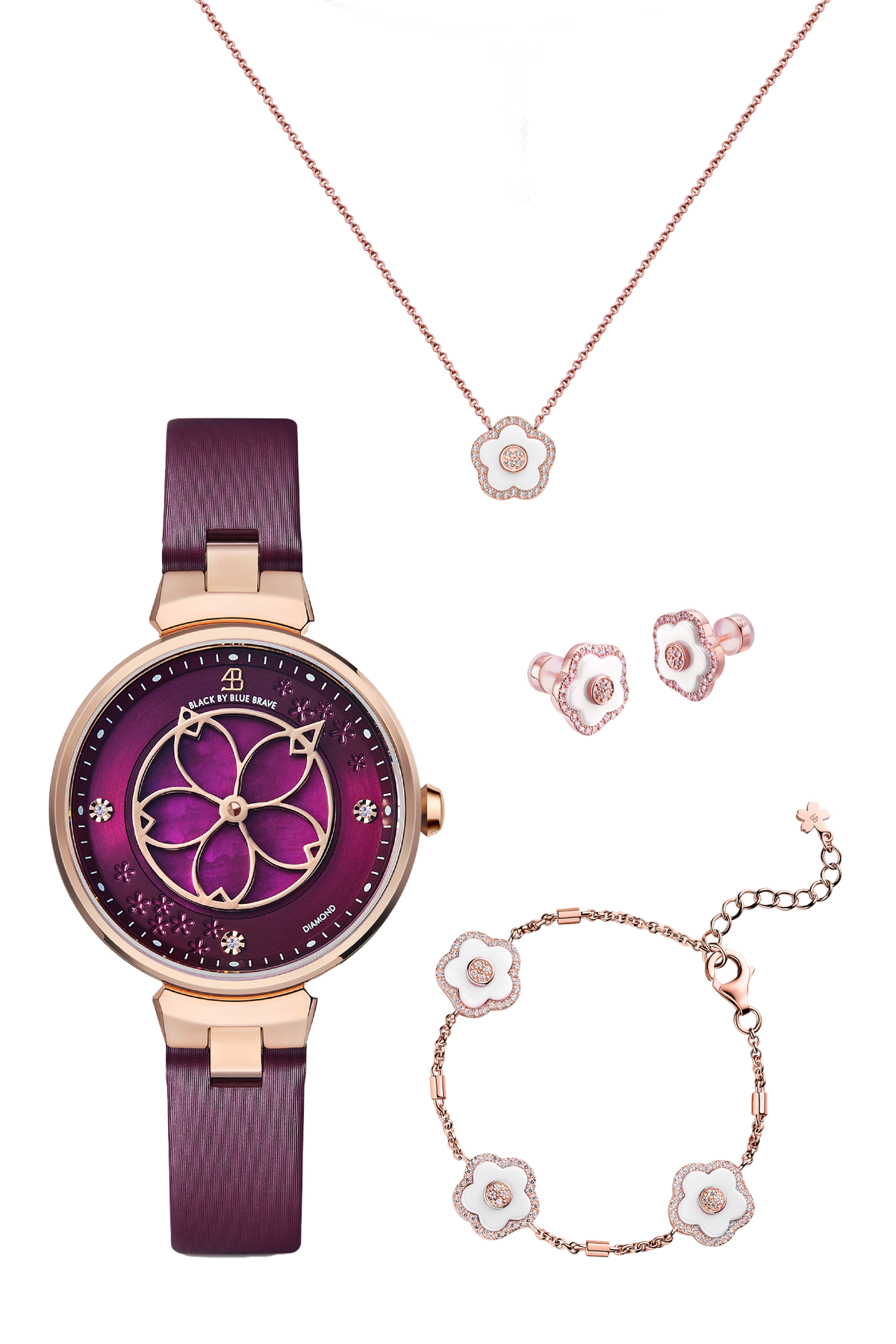 Kirschblüten-Diamant-Uhr + Blumen-Keramik-Ohrringe & Ring & Halskette & Armband-Set