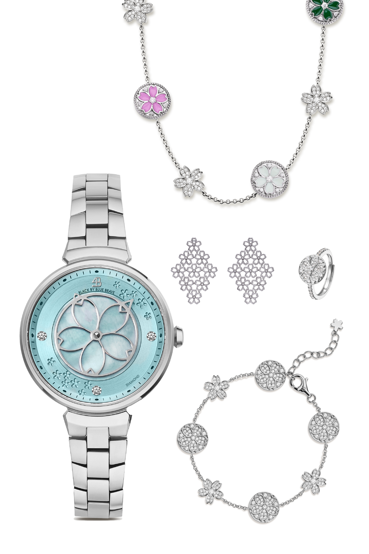 Kirschblüten-Diamant-Uhr + Blumen-Keramik-Ohrringe & Ring & Halskette & Armband-Set