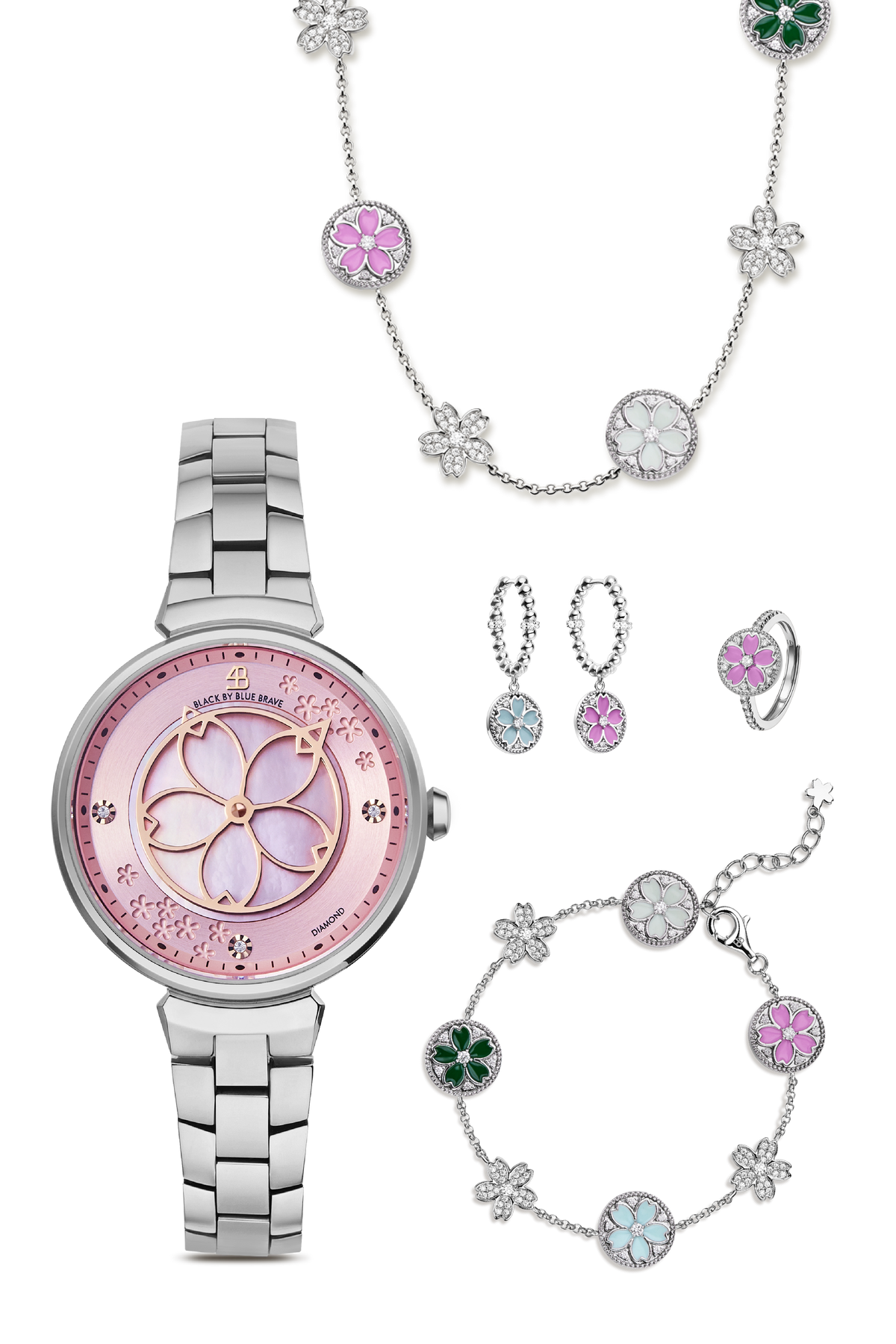 Kirschblüten-Diamant-Uhr + Blumen-Keramik-Ohrringe & Ring & Halskette & Armband-Set