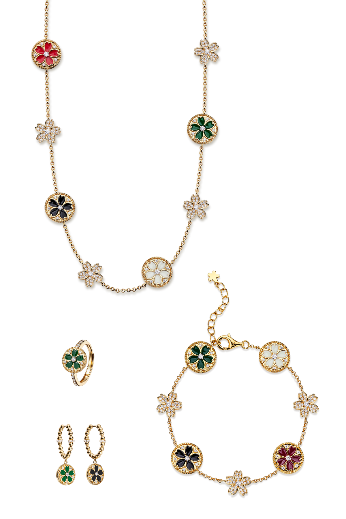 Kirschblütensinfonie Emaille Sakura Goldschmuck (Halskette & Armband & Ohrringe & Ringe)