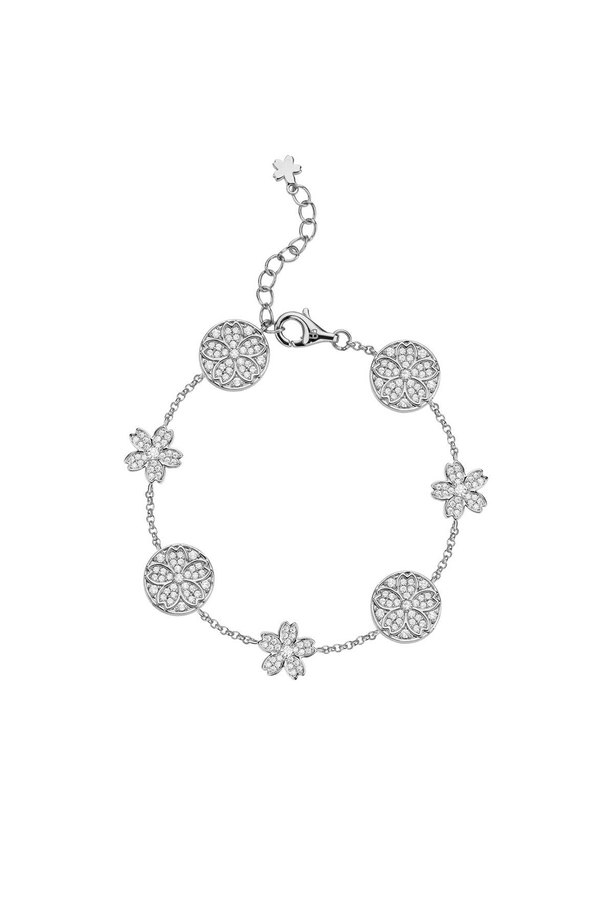 Kirschblüten-Symphonie Pavé 7-Blüten Zirkonia Silberarmband (Platinbeschichtet)