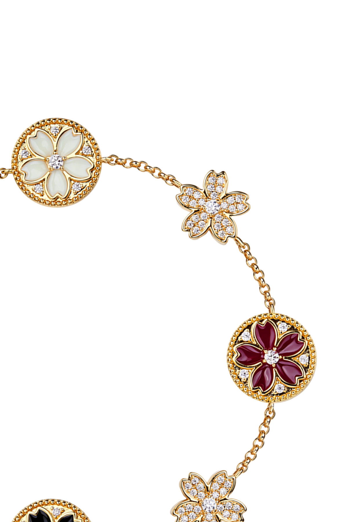 Kirschblüten-Symphonie Emaille Armband mit 7 Blüten in Gold (18K vergoldet)