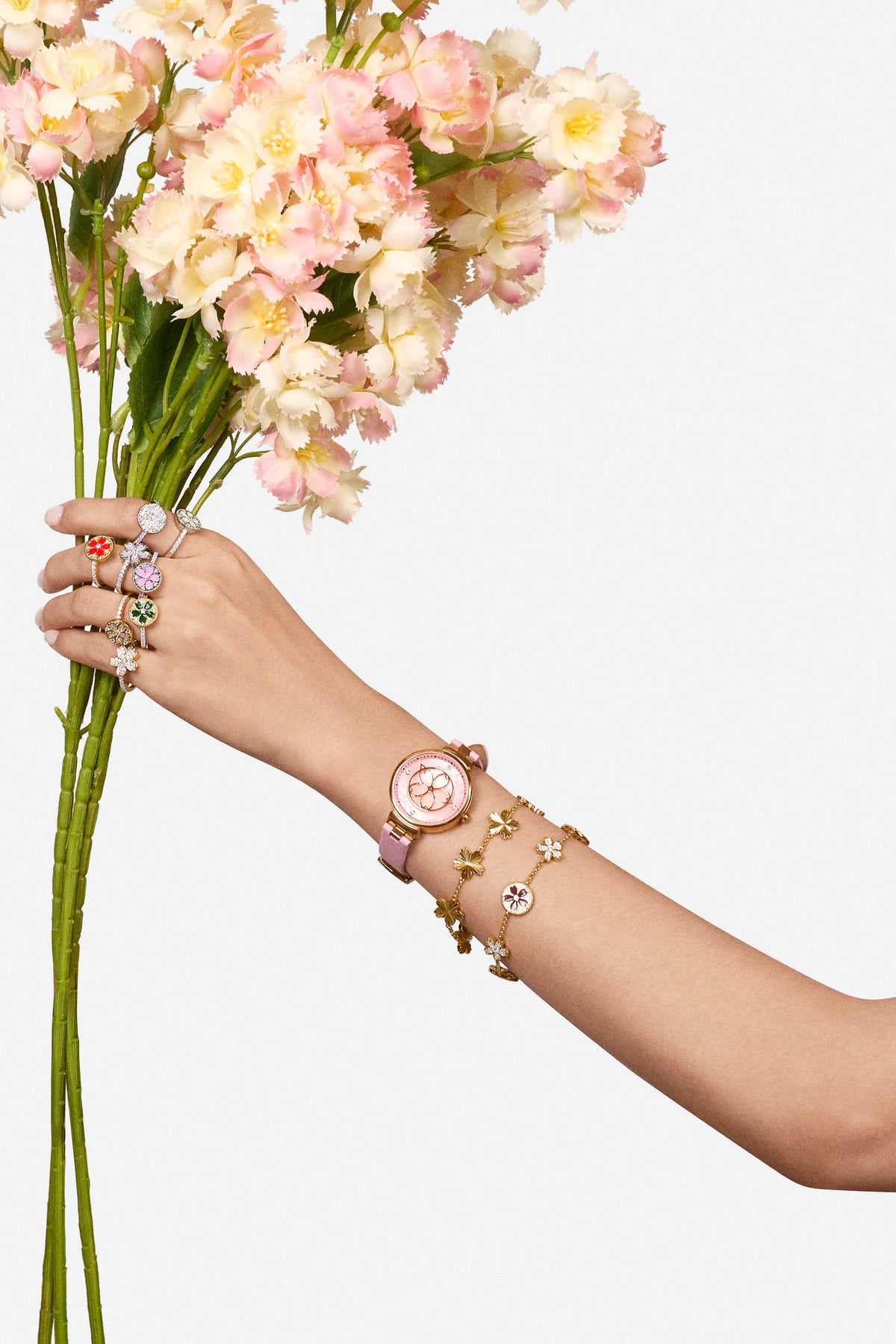 Kirschblüten-Symphonie Emaille Armband mit 7 Blüten in Gold (18K vergoldet)