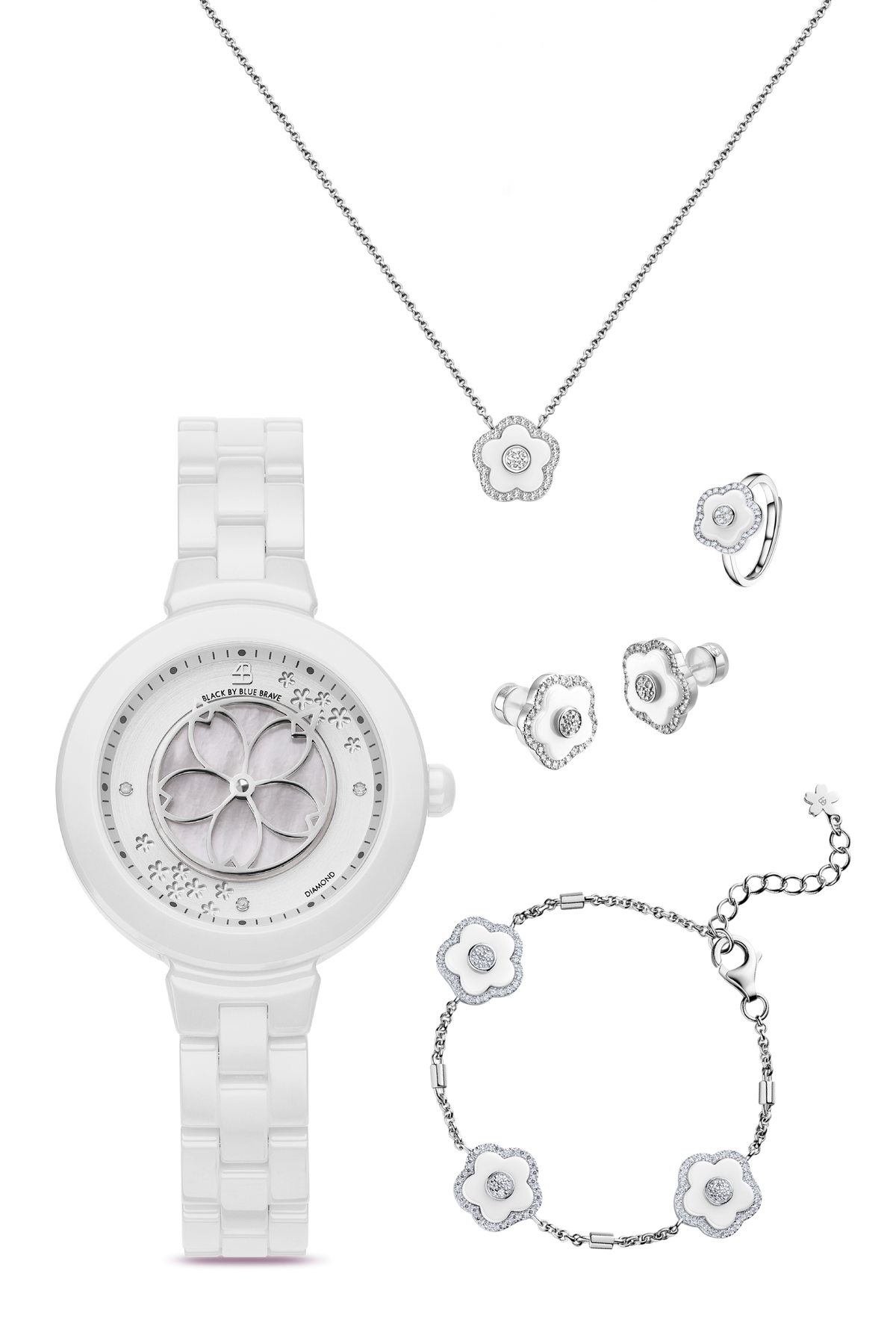 Kirschblüten-Diamant-Uhr + Blumen-Keramik-Ohrringe & Ring & Halskette & Armband-Set