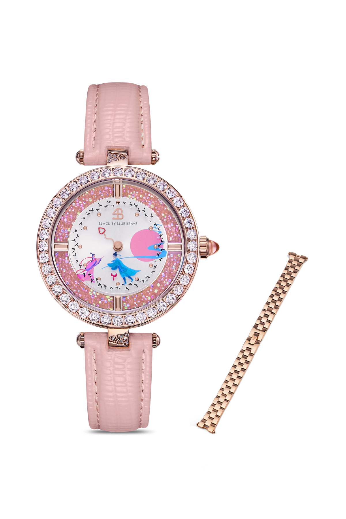 Cowherd and Weaver Girl watch with pink leather strap and interchangeable rose gold bracelet