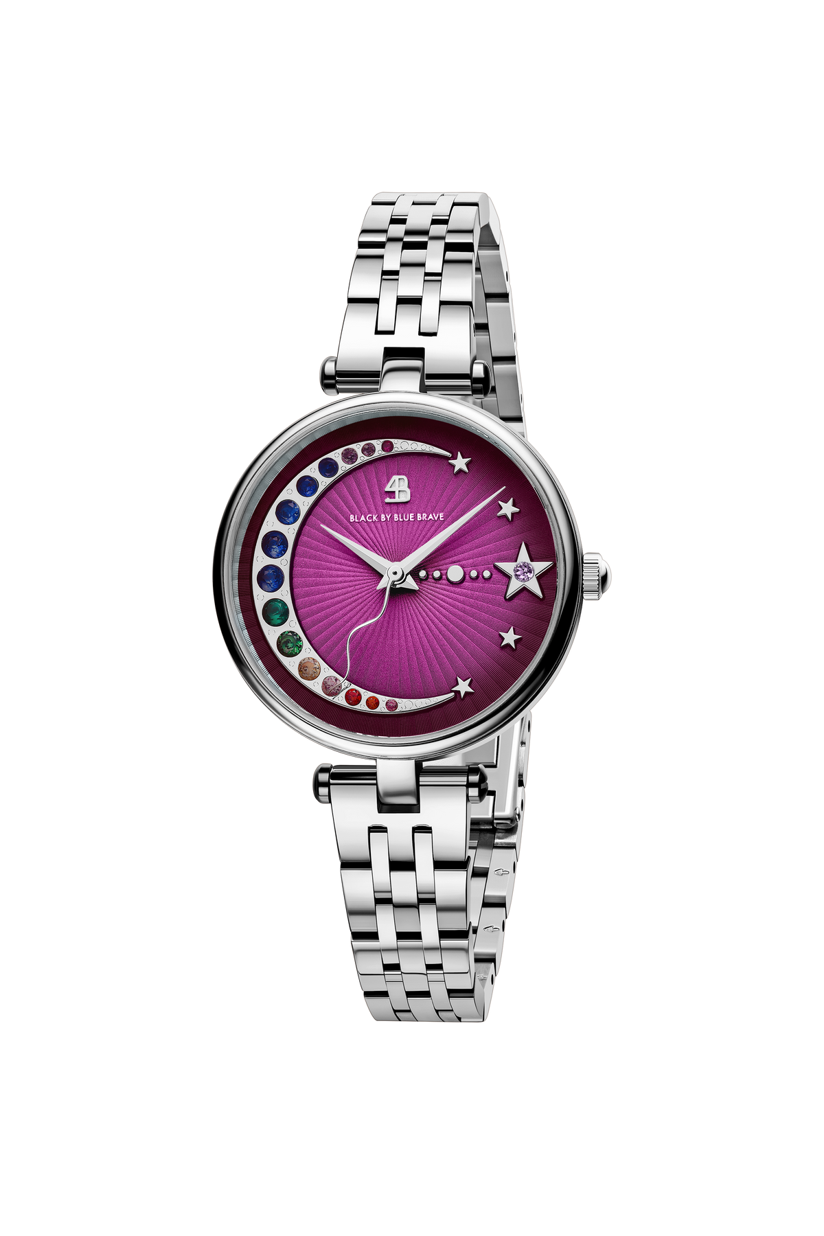 Crescent Moon 32mm Magenta Dial Silver Bracelet