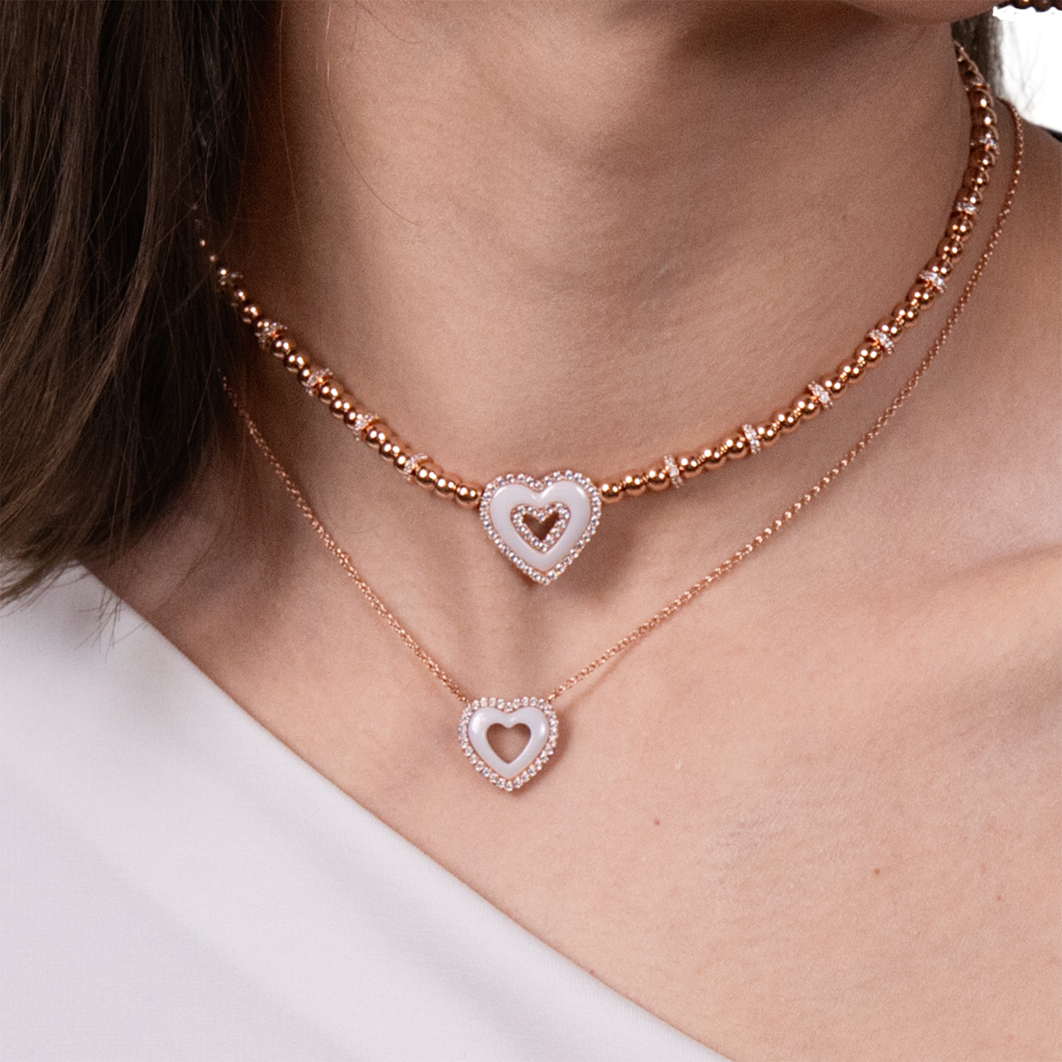 Love Heart Pink Ceramic Double Heart Necklace 18K Rose Gold Plated