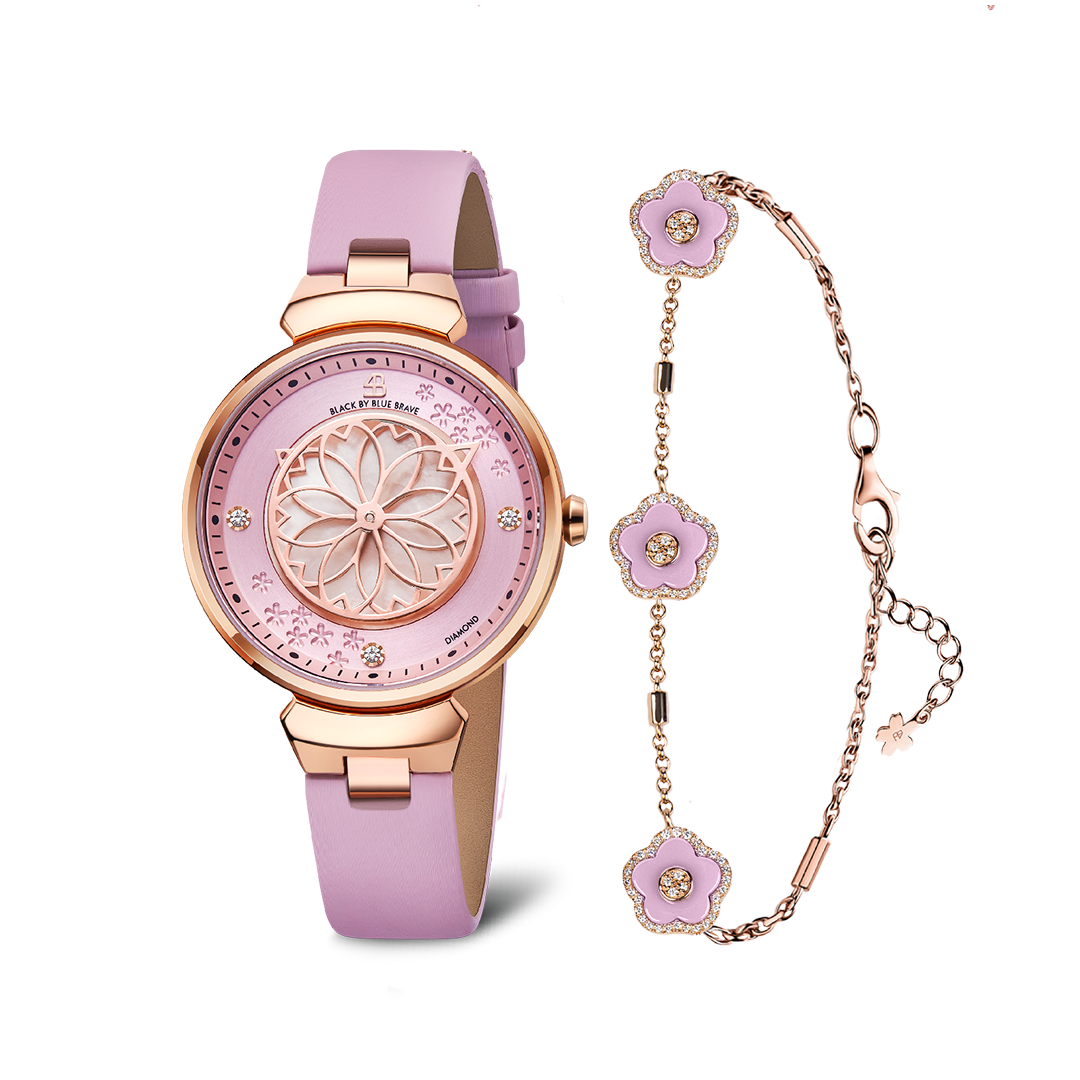 Blue Cherry Blossom Watch With Rosegold Bracelet & White Ceramic