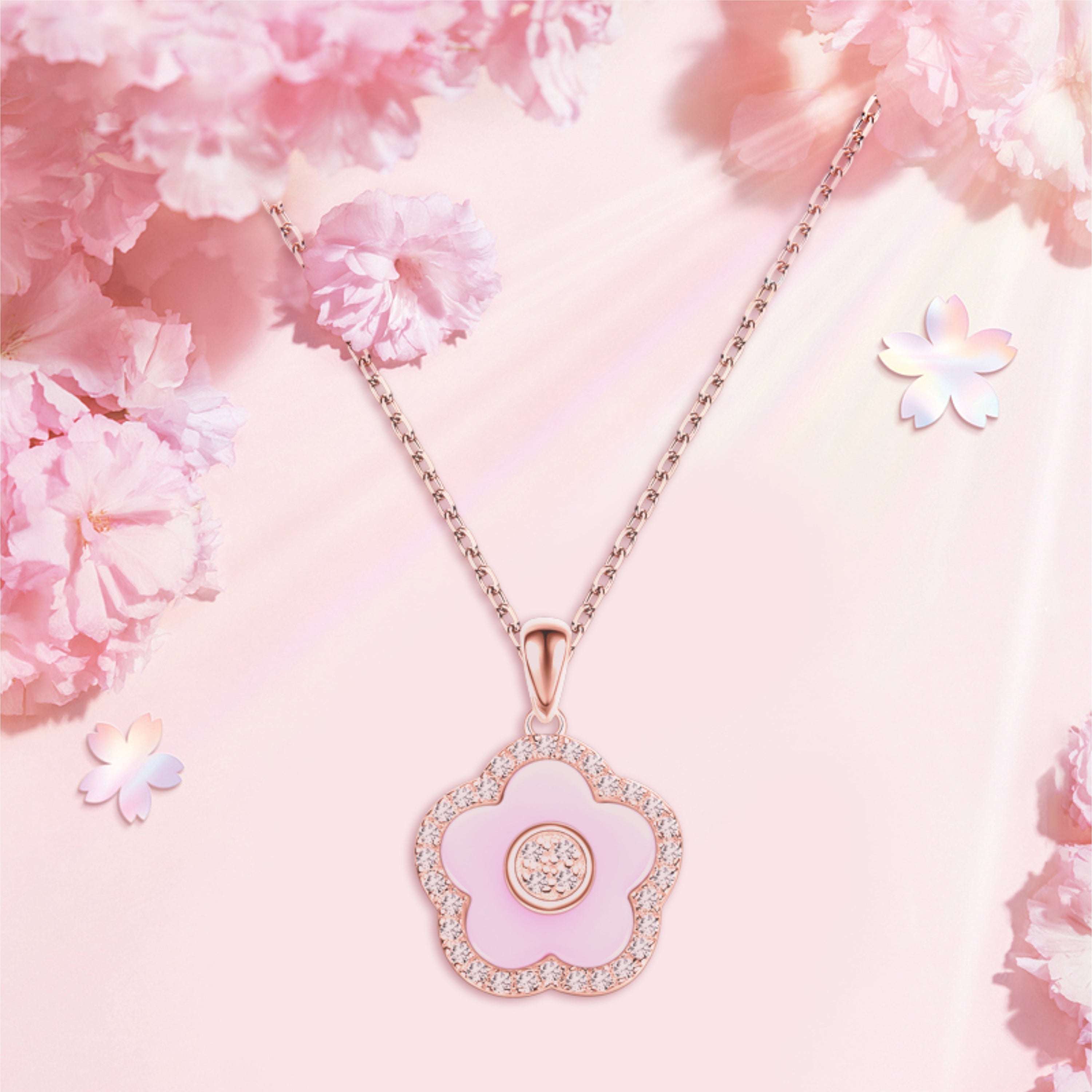 PINK CHERRY BLOSSOM 36MM AUTOMATIC WATCH & ROSEGOLD FLOWER NECKLACE & PINK CERAMIC