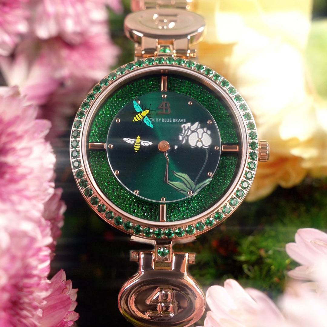 Honey Bee 34mm Green Dial Moving Bees Rose Gold Bracelet Watch