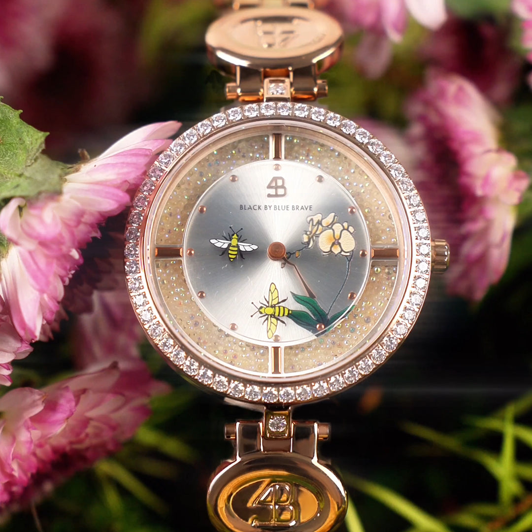Honey Bee 34mm White Dial Moving Bees Rose Gold Bracelet Watch