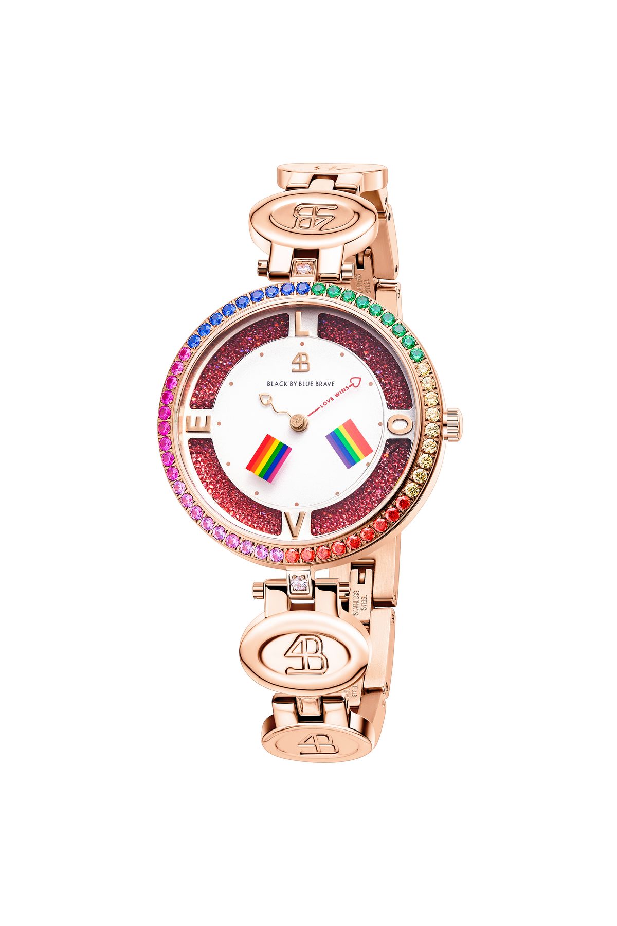 Liebe gewinnt Uhr mit Armband, roségoldfarben, pink, regenbogenfarben bewegliches Flaggenzifferblatt
