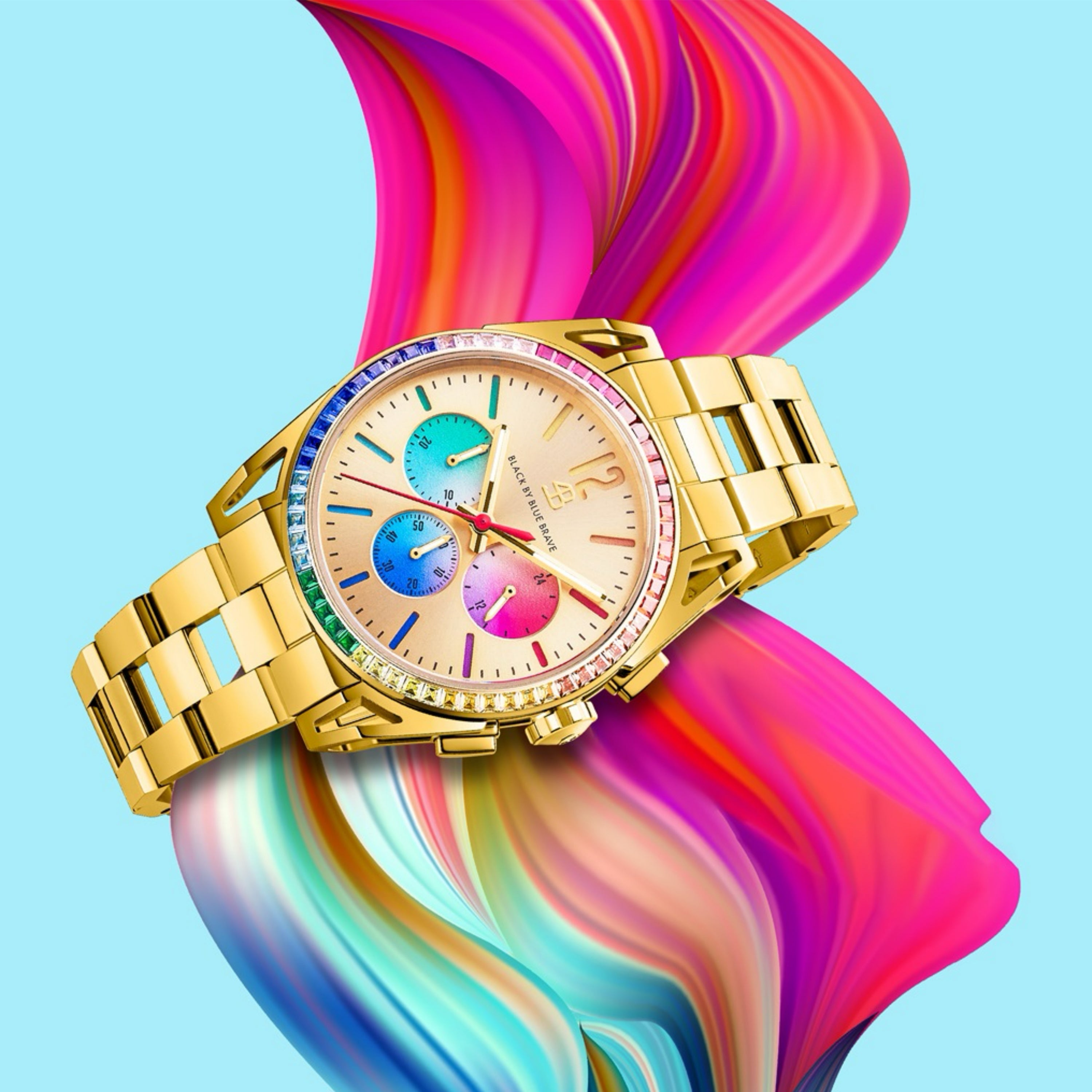 Love Wins 40mm Gold Chronograph Rainbow Zirconia Bracelet Watch