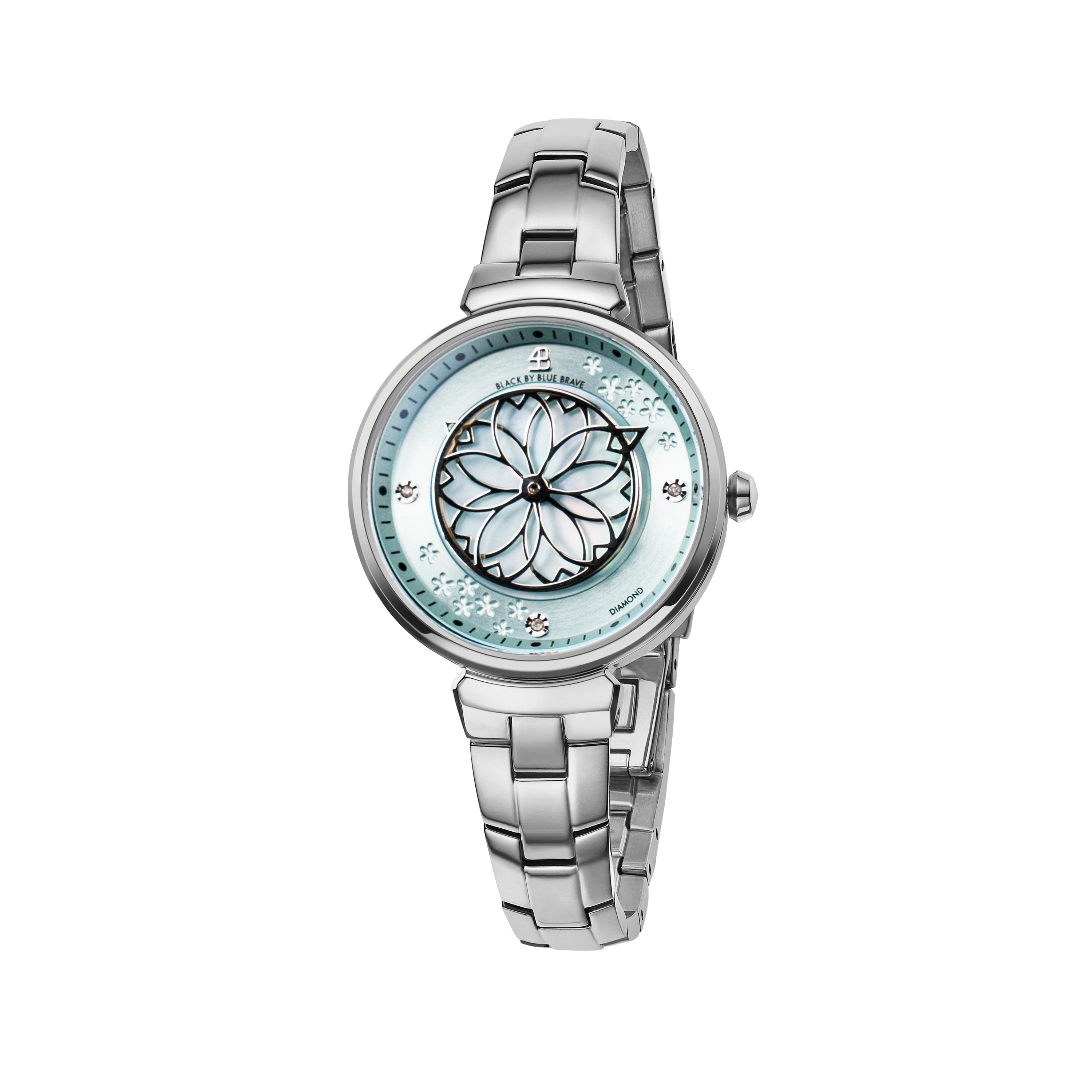 Cherry Blossom 32mm Blue Mother Of Pearl Dial Genuine Diamonds Sakura Petal Hand Silver Bracelet Watch