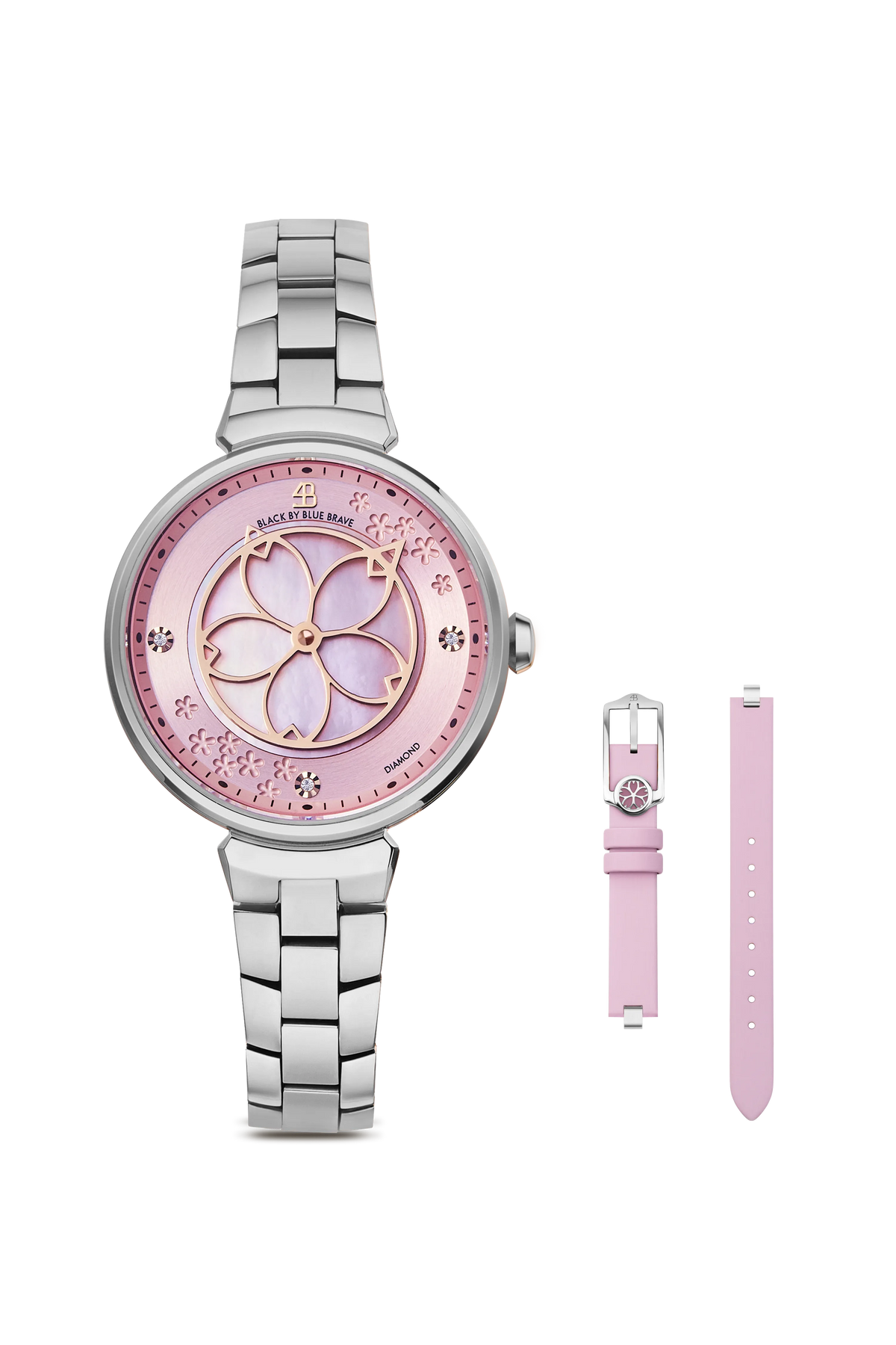 Shop the Cherry Blossom pink dial watch with a silver bracelet and interchangeable pink leather strap, offering two distinctive looks in one versatile set.