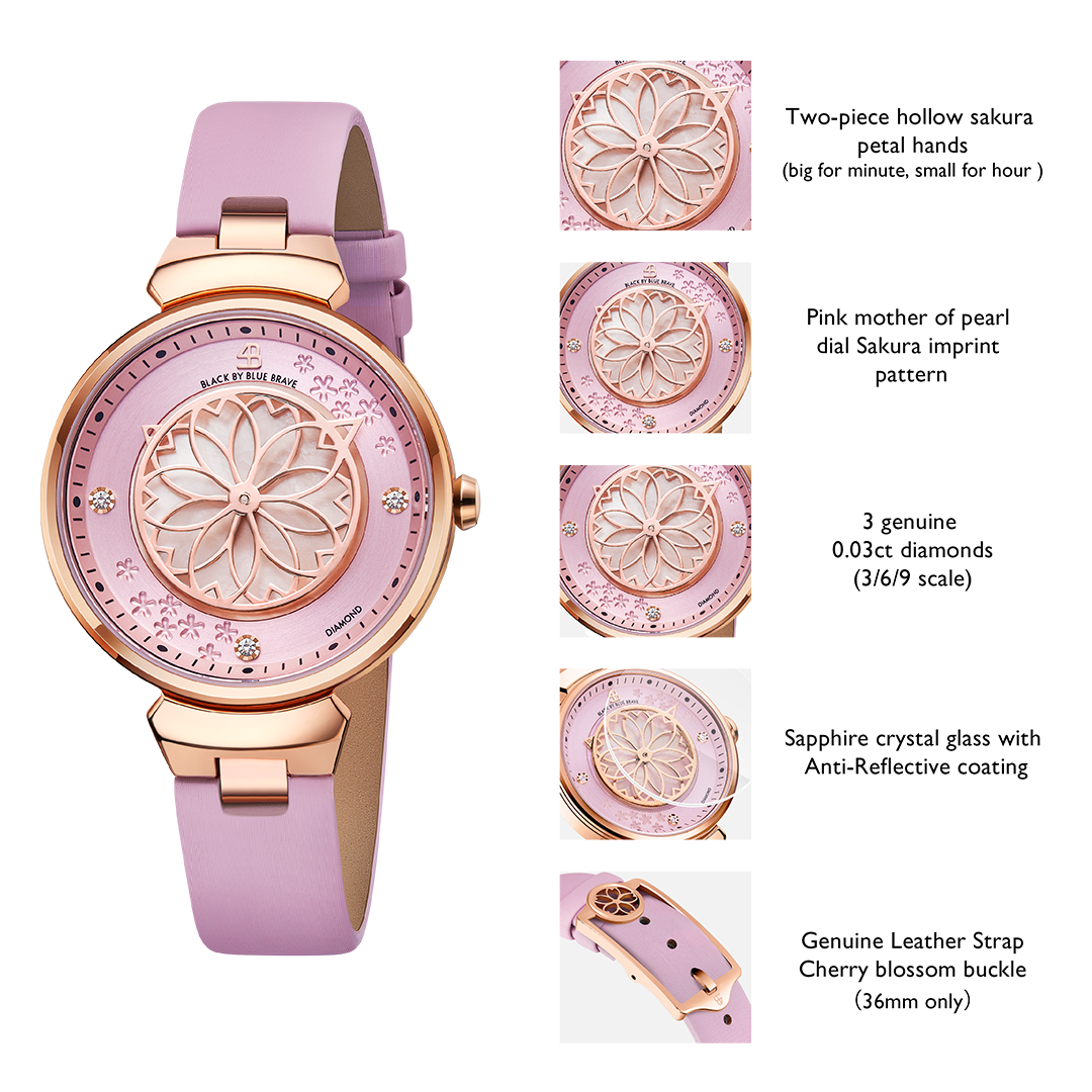 （TEST）Cherry Blossom Pink Mother Of Pearl Dial Genuine Diamonds Sakura Petal Hand Leather Strap Watch