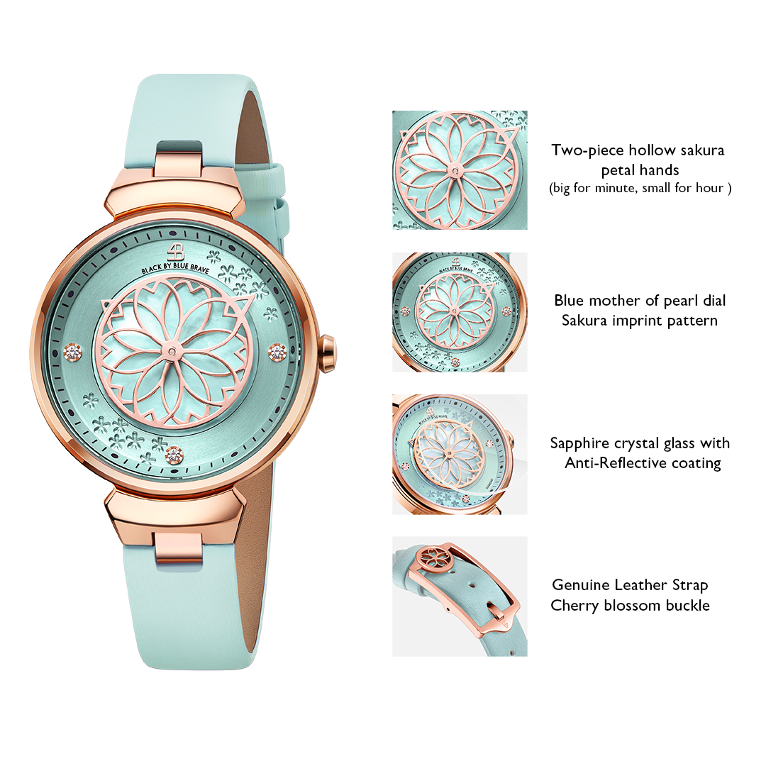 Cherry Blossom Pink Mother Of Pearl Dial Genuine Diamonds Sakura Petal Hand Leather Strap Watch