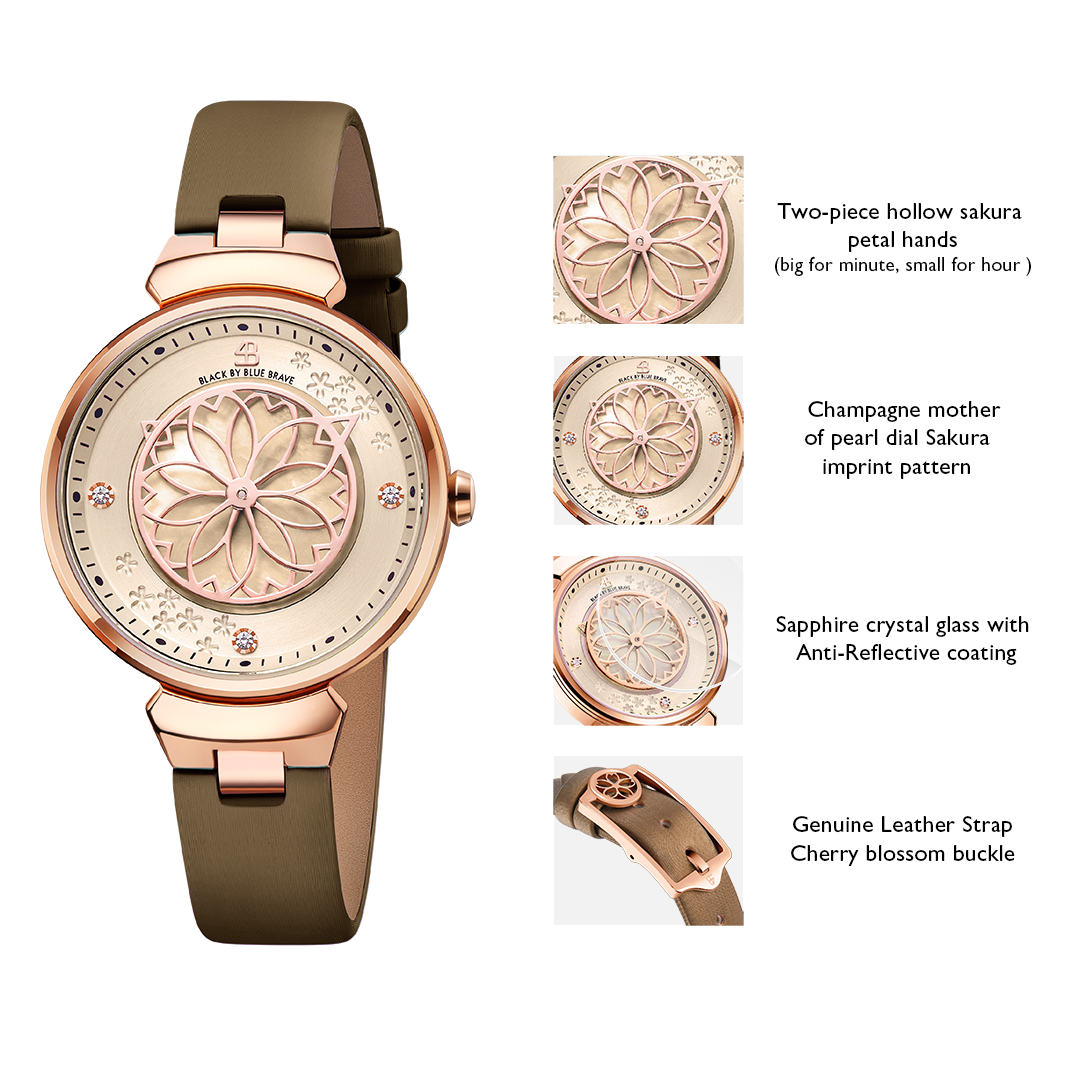 Cherry Blossom Pink Mother Of Pearl Dial Genuine Diamonds Sakura Petal Hand Leather Strap Watch