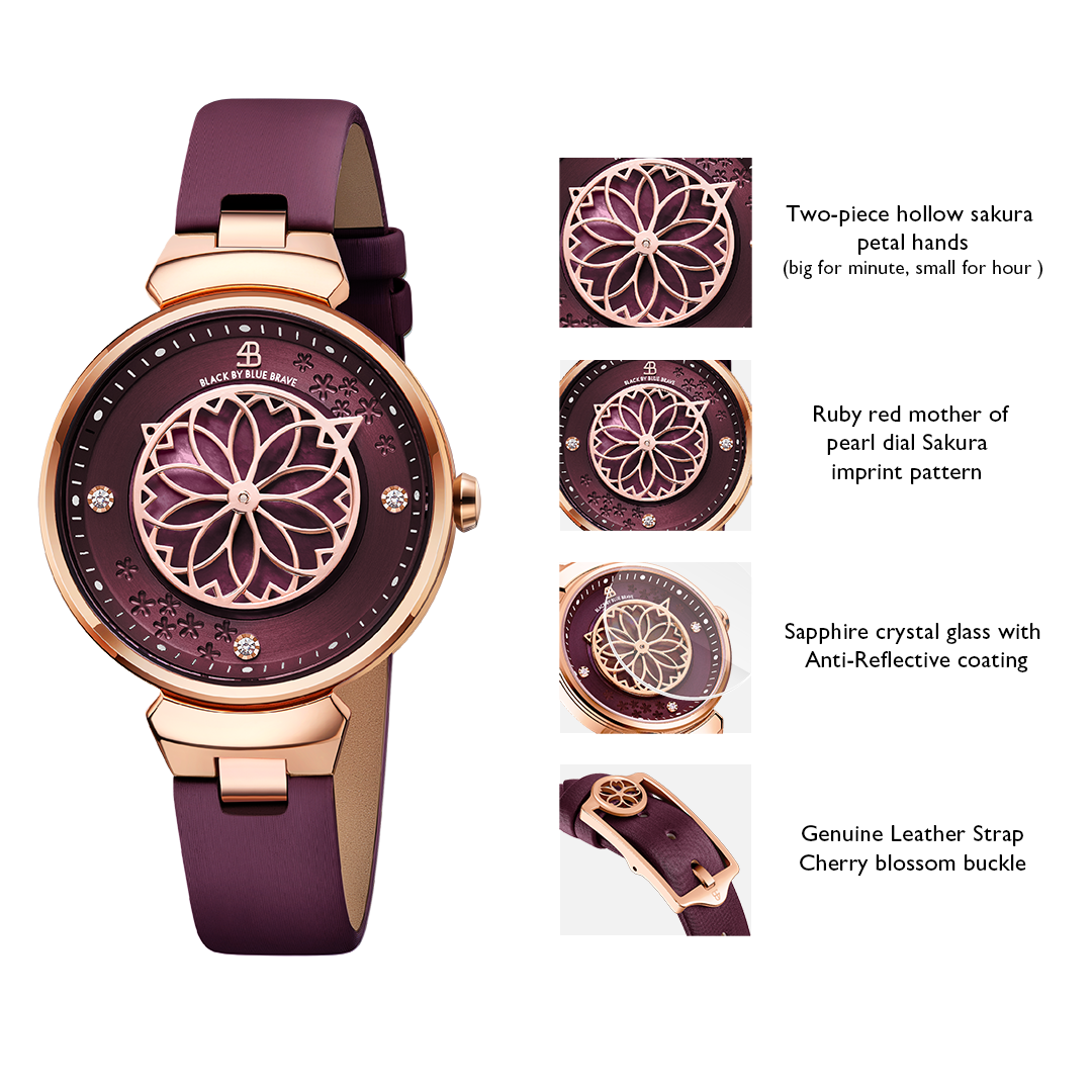 Cherry Blossom Pink Mother Of Pearl Dial Genuine Diamonds Sakura Petal Hand Leather Strap Watch