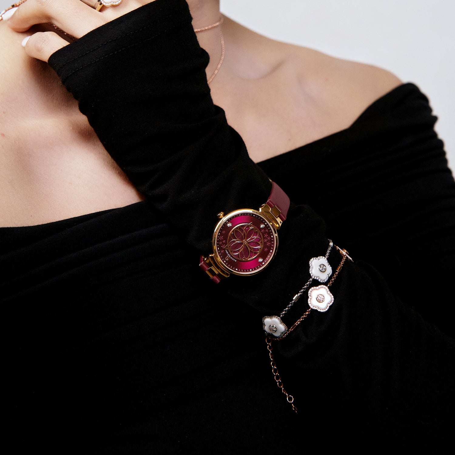 Champagne Cherry Blossom Watch With Rosegold Bracelet & White Ceramic