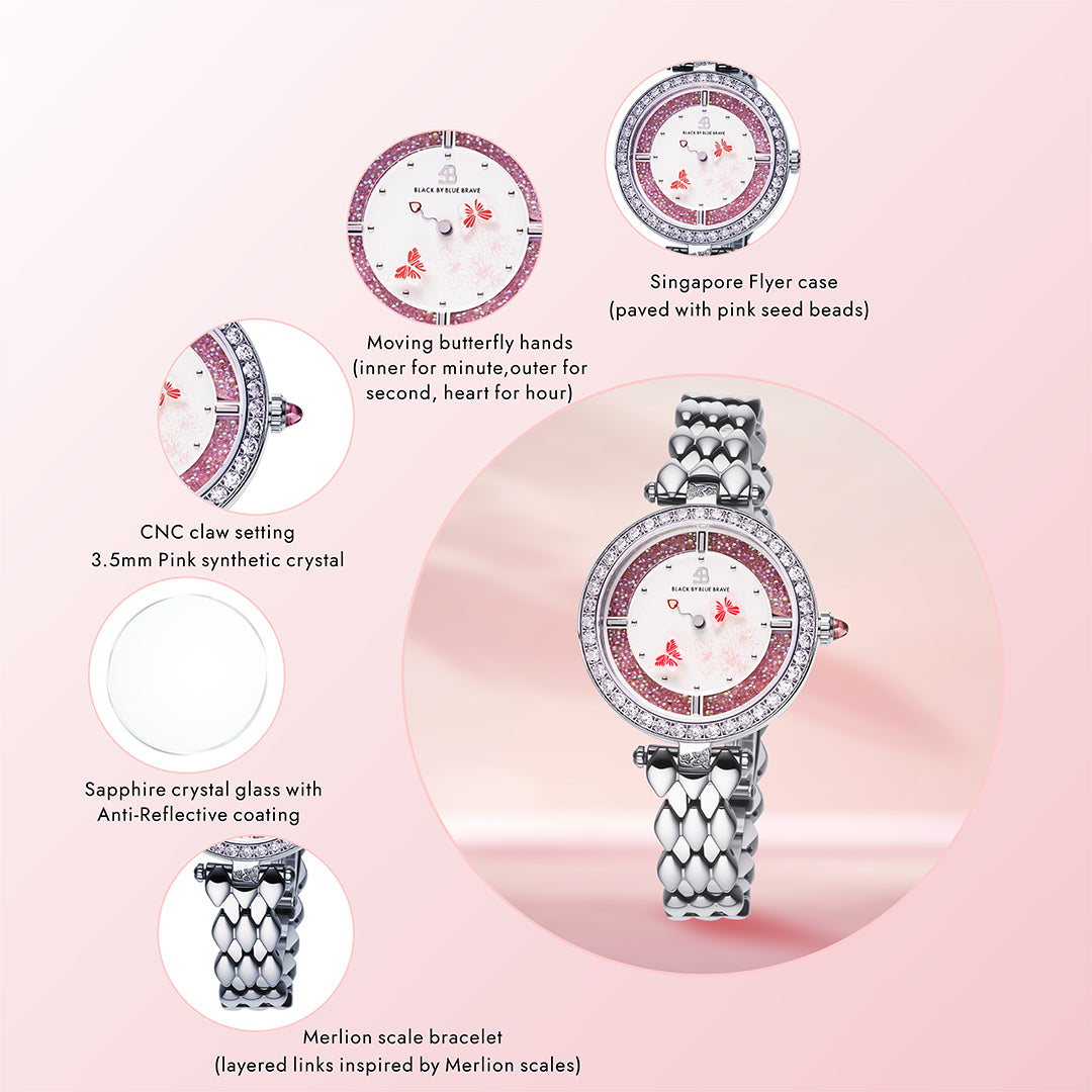 Butterfly Lovers 34mm Pink Dial Moving Butterfly Hands Silver Bracelet Watch - BLACK BY BLUE BRAVE